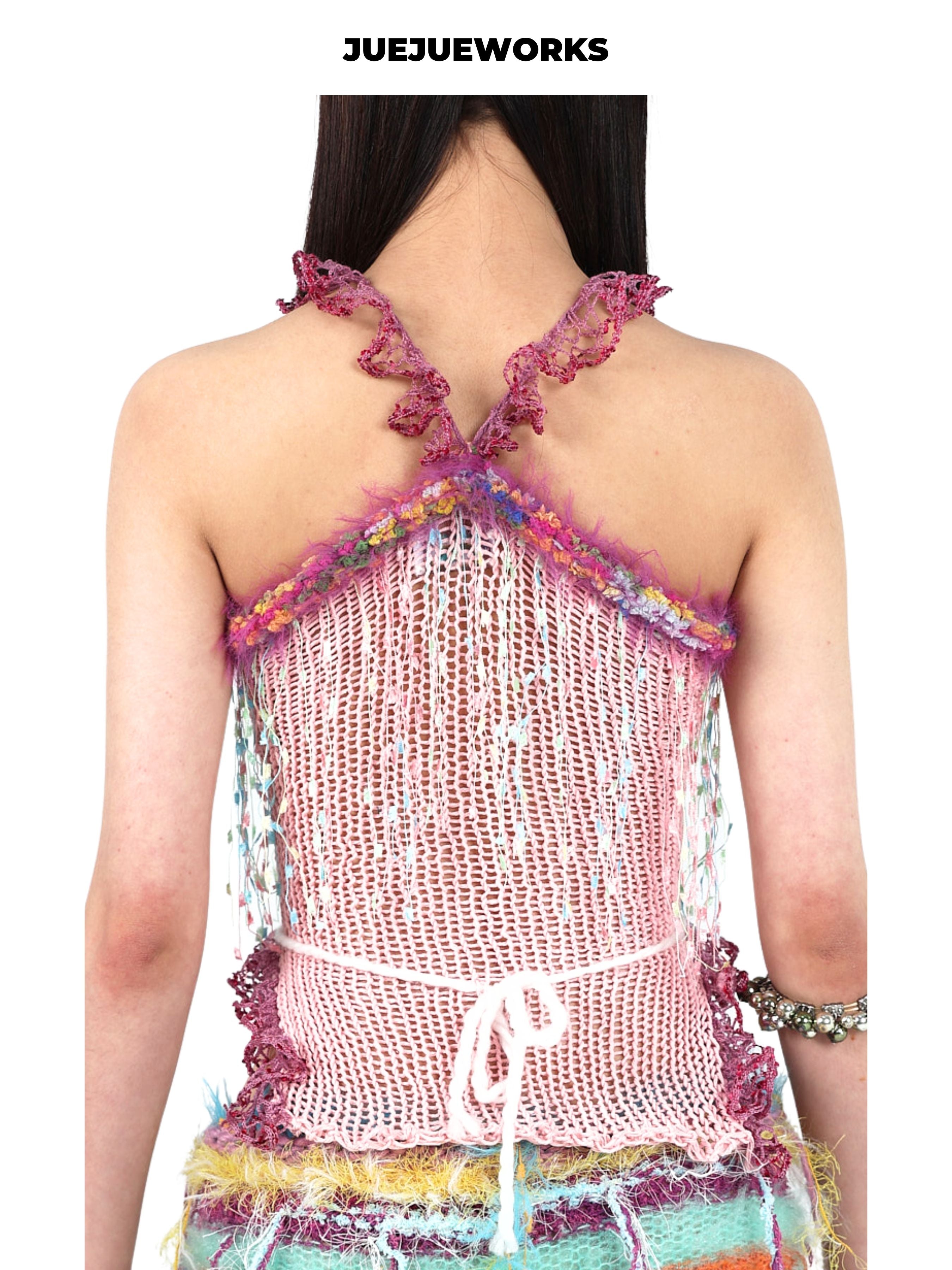 JUEJUEWORKS Pink Fringe Lace Trim Corset Knit Cami, Pastel Hollow Out High Stretch Handmade Yarn Knit Lace Trim Crop Top