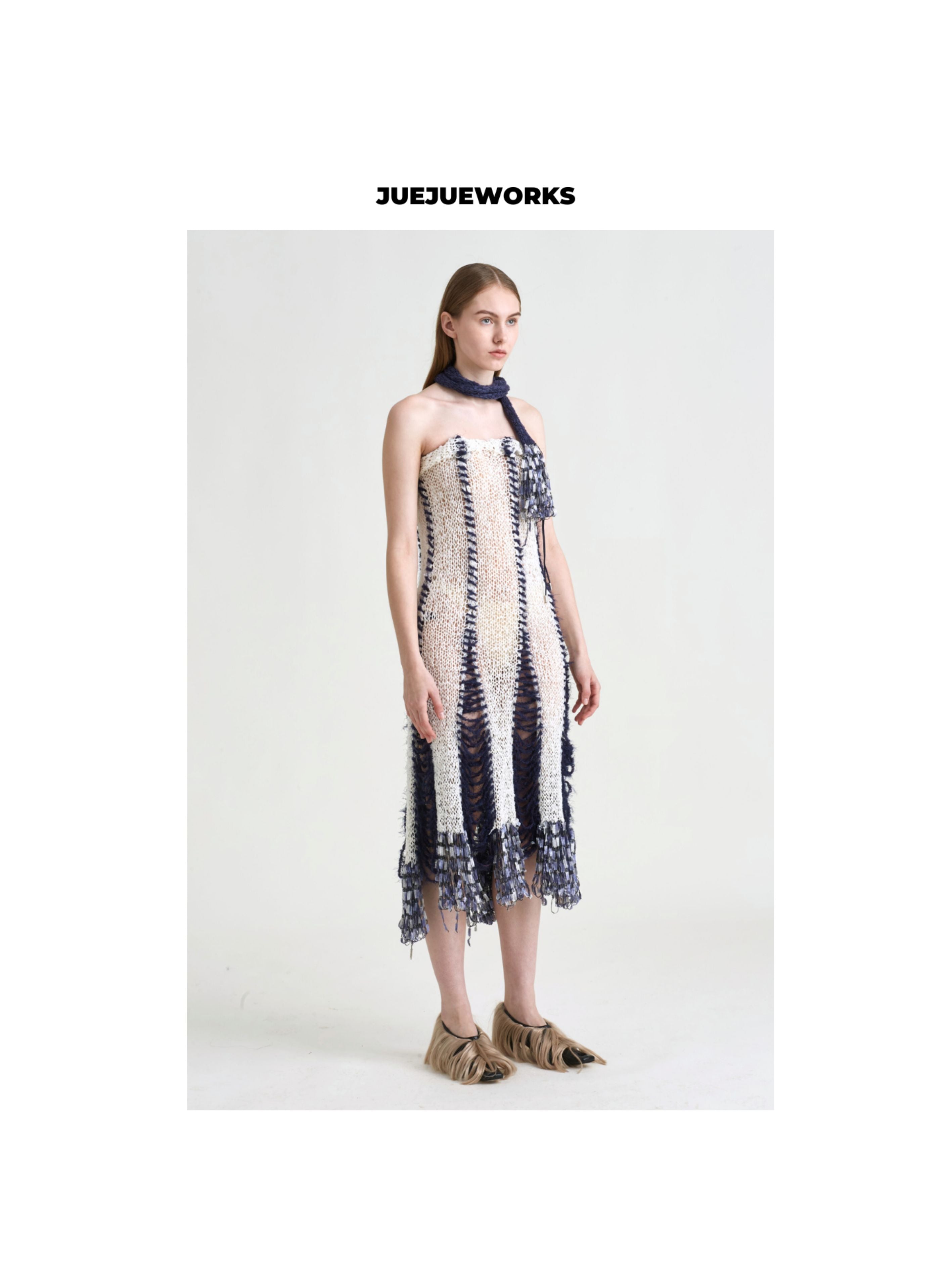 JUEJUEWORKS Convertible Knit White Midi Dress with Detachable Scarf, Patchwork Hollow Out Handmade Knit Multi-Wear Skirt