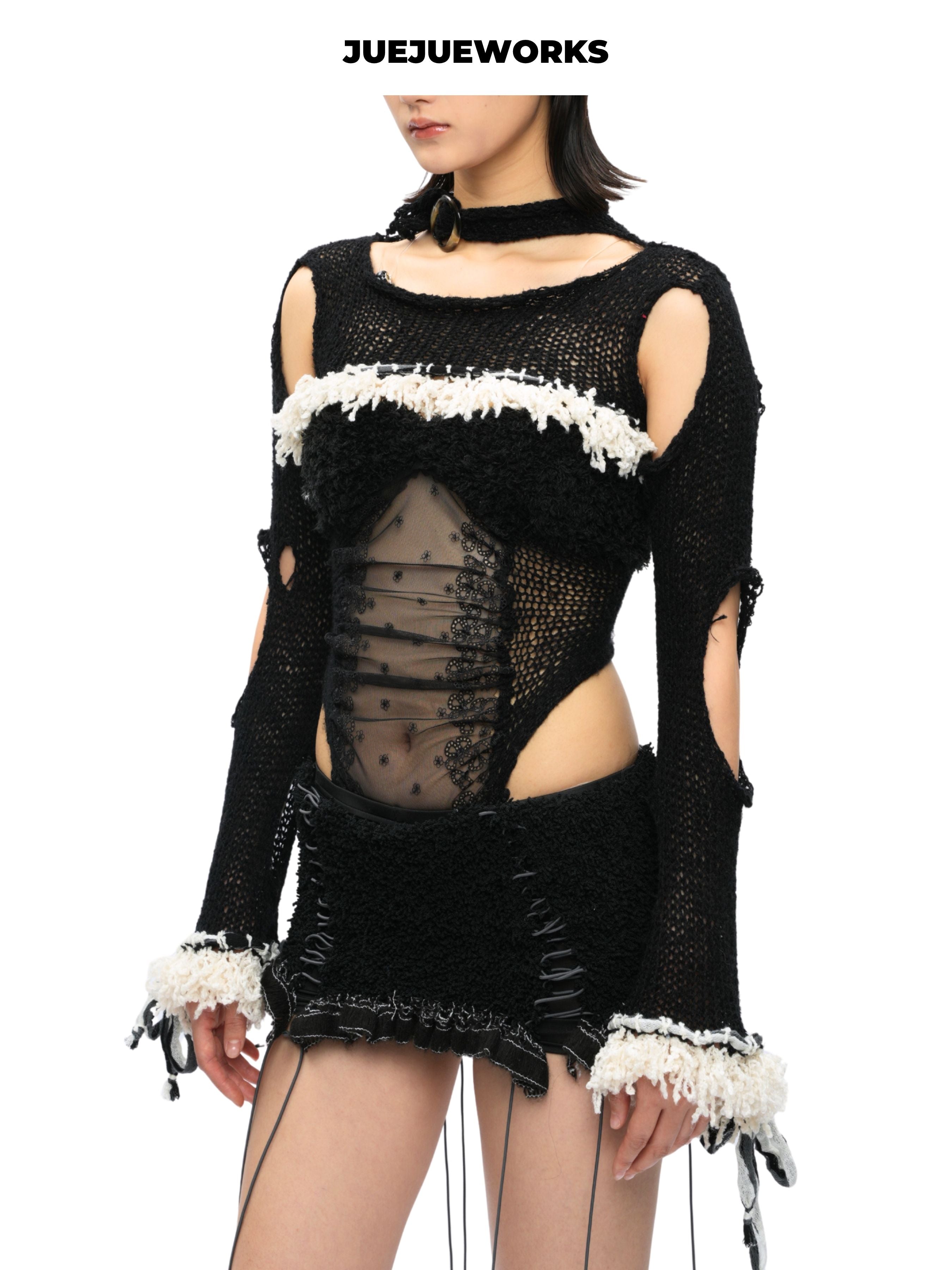 JUEJUEWORKS Black Asymmetric Long Sleeve Top, Original High-Stretch Handmade Yarn Knit Jacket