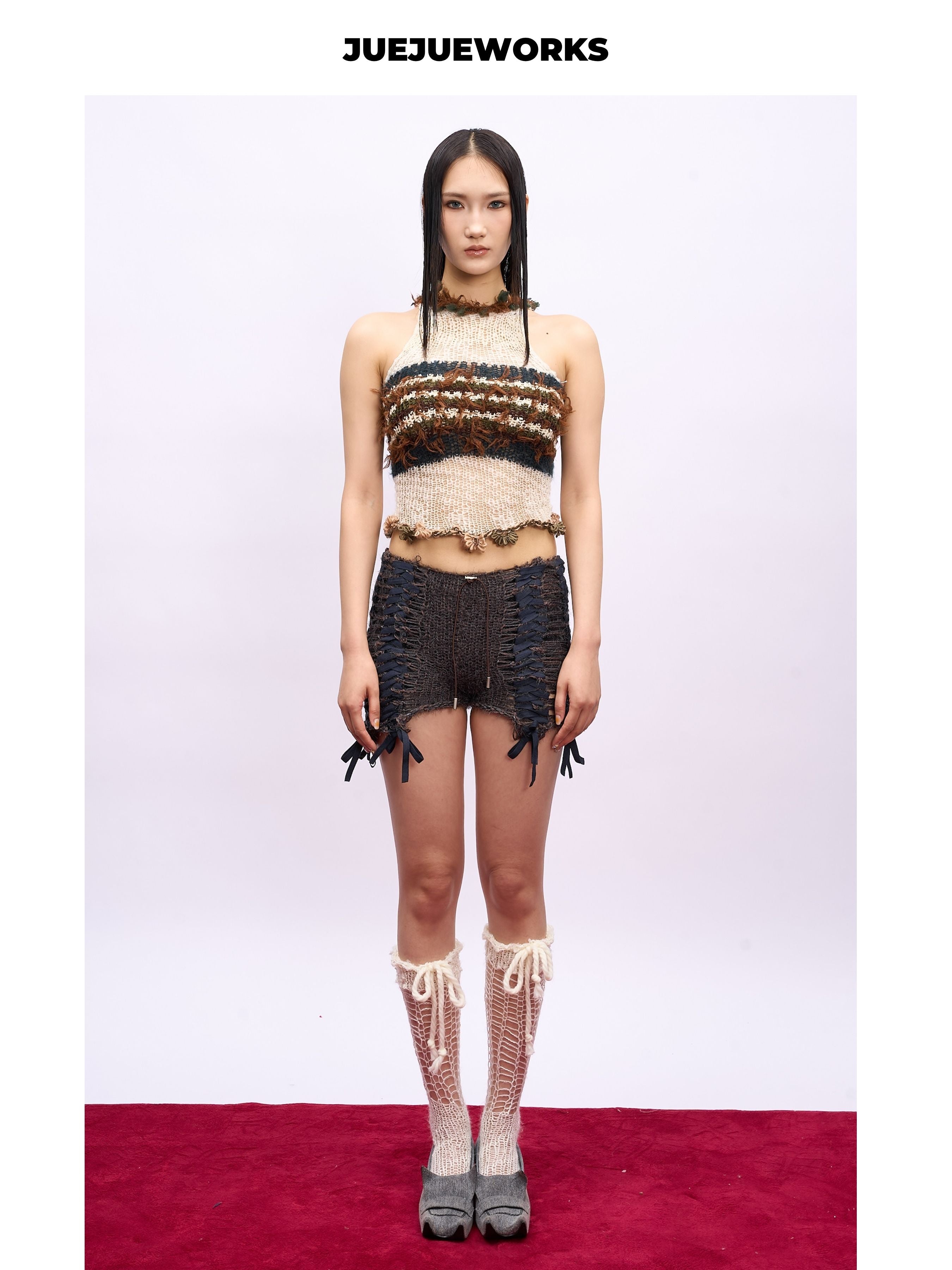 JUEJUEWORKS Retro Stripe Knit Halter Top, Fringe Trim High Stretch Adjustable Handmade Yarn Knit Spring Crop Top