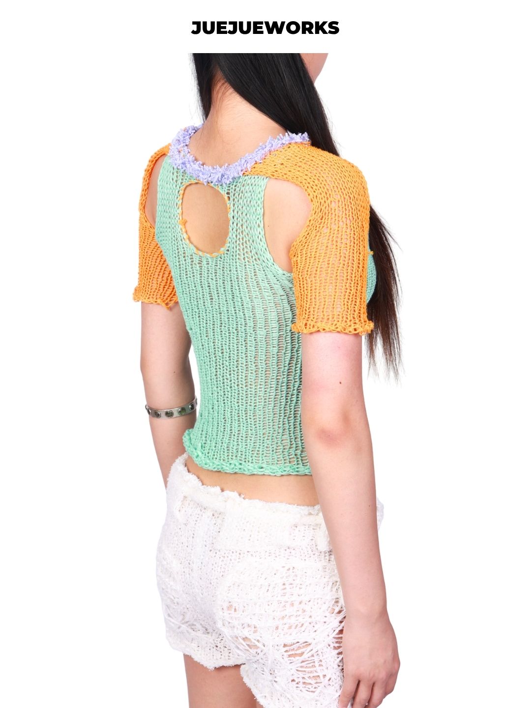 JUEJUEWORKS Green Orange Plus Size Short Sleeve Top, Color Block Contrast, Original Design, Hand-Knitted Knitwear