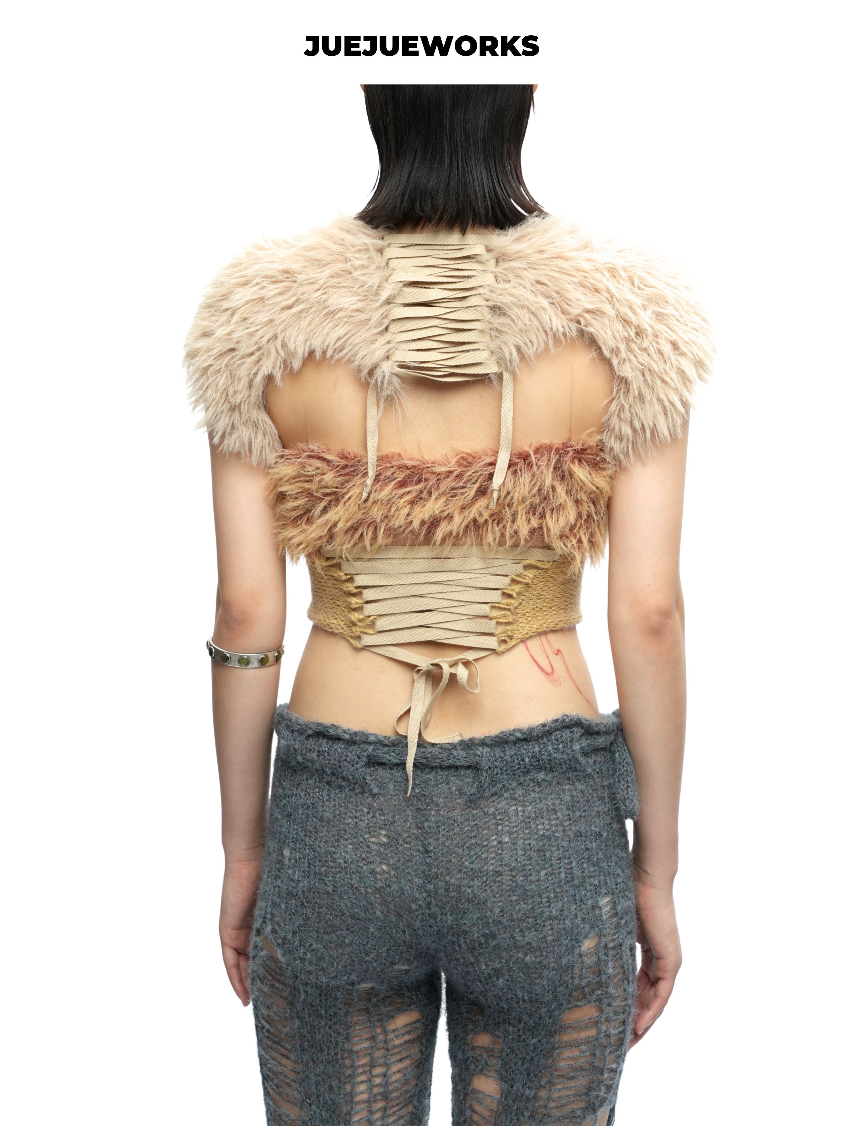 JUEJUEWORKS Alice Fuzzy Shrug Short Sleeve Furry Shawl, Adjustable for Autumn Winter, Handmade Yarn Knit