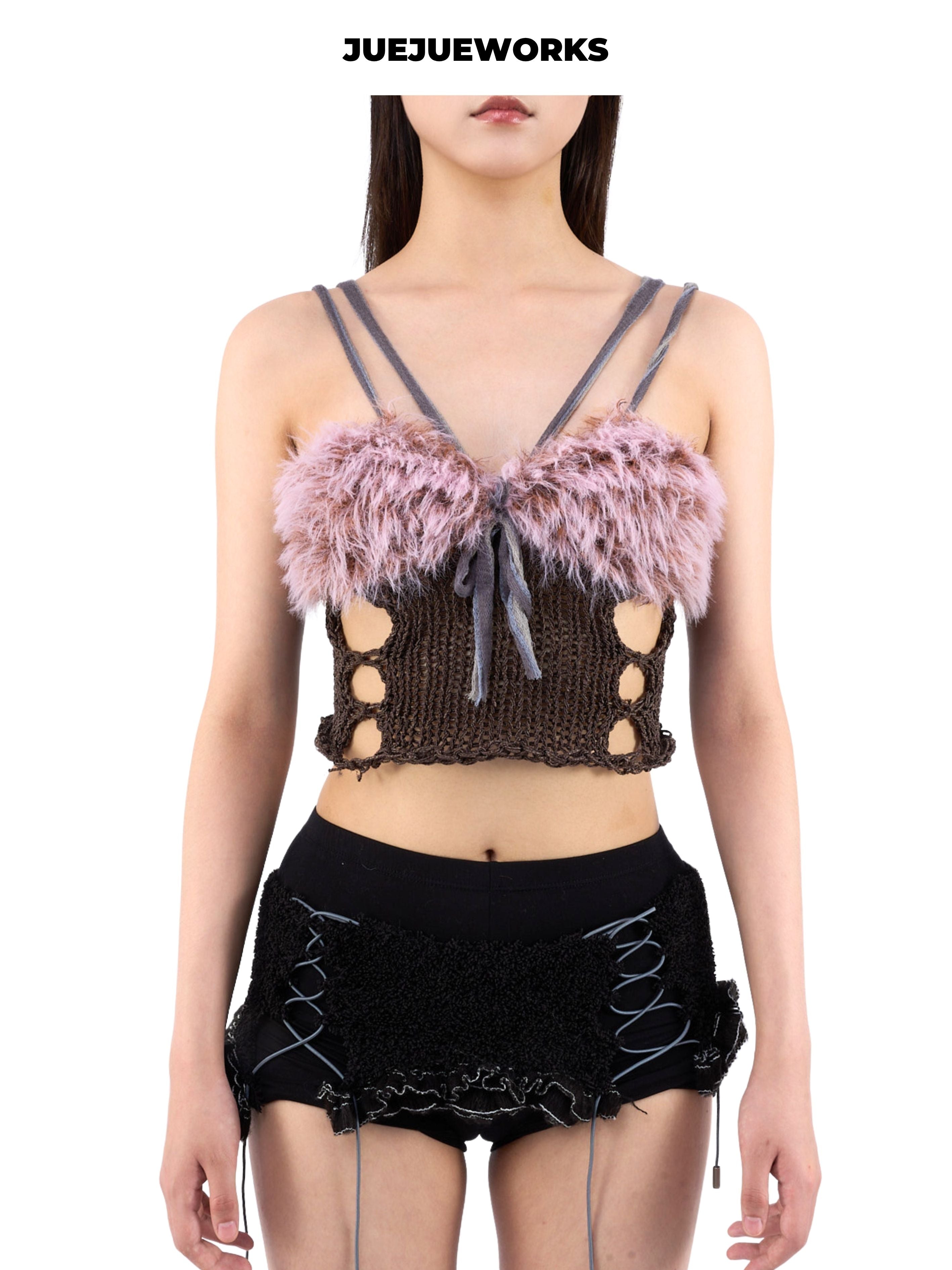 JUEJUEWORKS Mantis Fluffy Cami, Slim Fit Handmade Yarn Knit Top