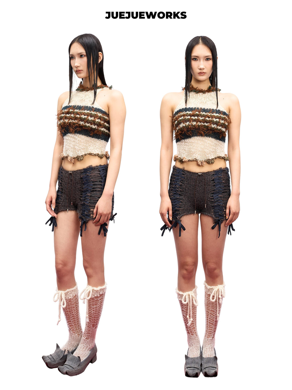 JUEJUEWORKS Retro Stripe Knit Halter Top, Fringe Trim High Stretch Adjustable Handmade Yarn Knit Spring Crop Top