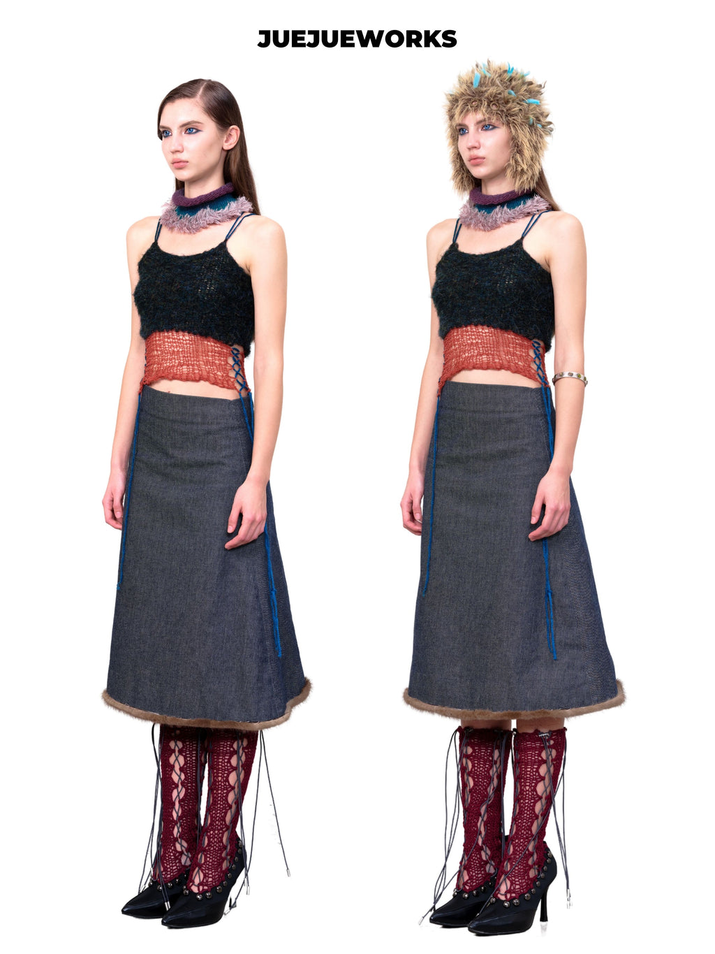 JUEJUEWORKS Furry Collar Neck Warmer Cami Vest, Side Lace-Up Waist Handmade Knit Crop Top