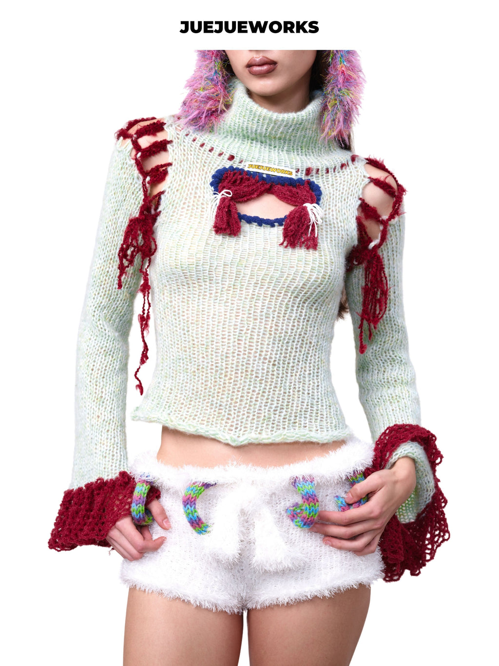 JUEJUEWORKS Mint Green Turtleneck Distressed Cutout Knit Long Sleeve, Slim Waist Handmade Cropped Knit Top