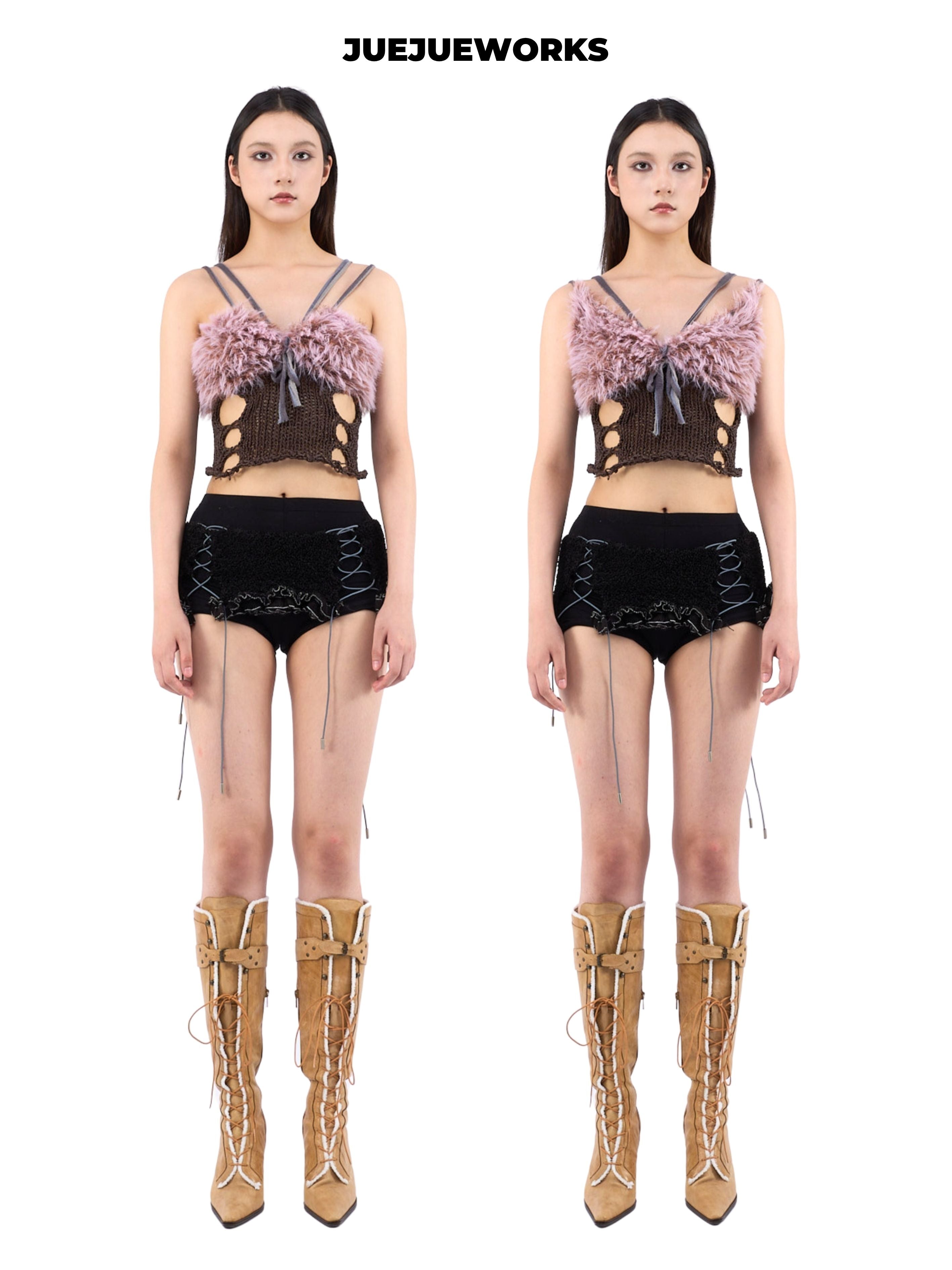 JUEJUEWORKS Mantis Fluffy Cami, Slim Fit Handmade Yarn Knit Top