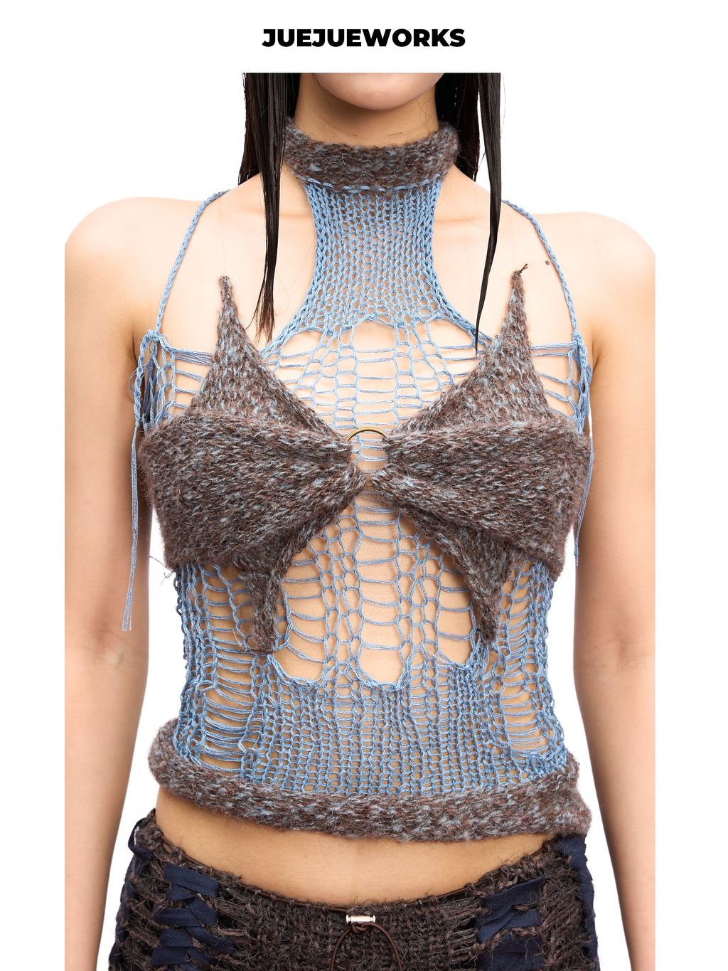 JUEJUEWORKS Grey Butterfly Mesh Knit Halter Top, Hollow Out High Stretch Adjustable Handmade Yarn Knit Summer Crop Top