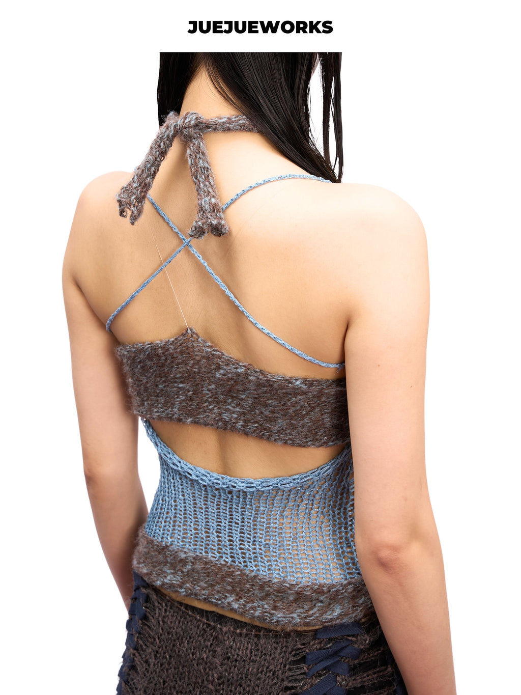 JUEJUEWORKS Grey Butterfly Mesh Knit Halter Top, Hollow Out High Stretch Adjustable Handmade Yarn Knit Summer Crop Top