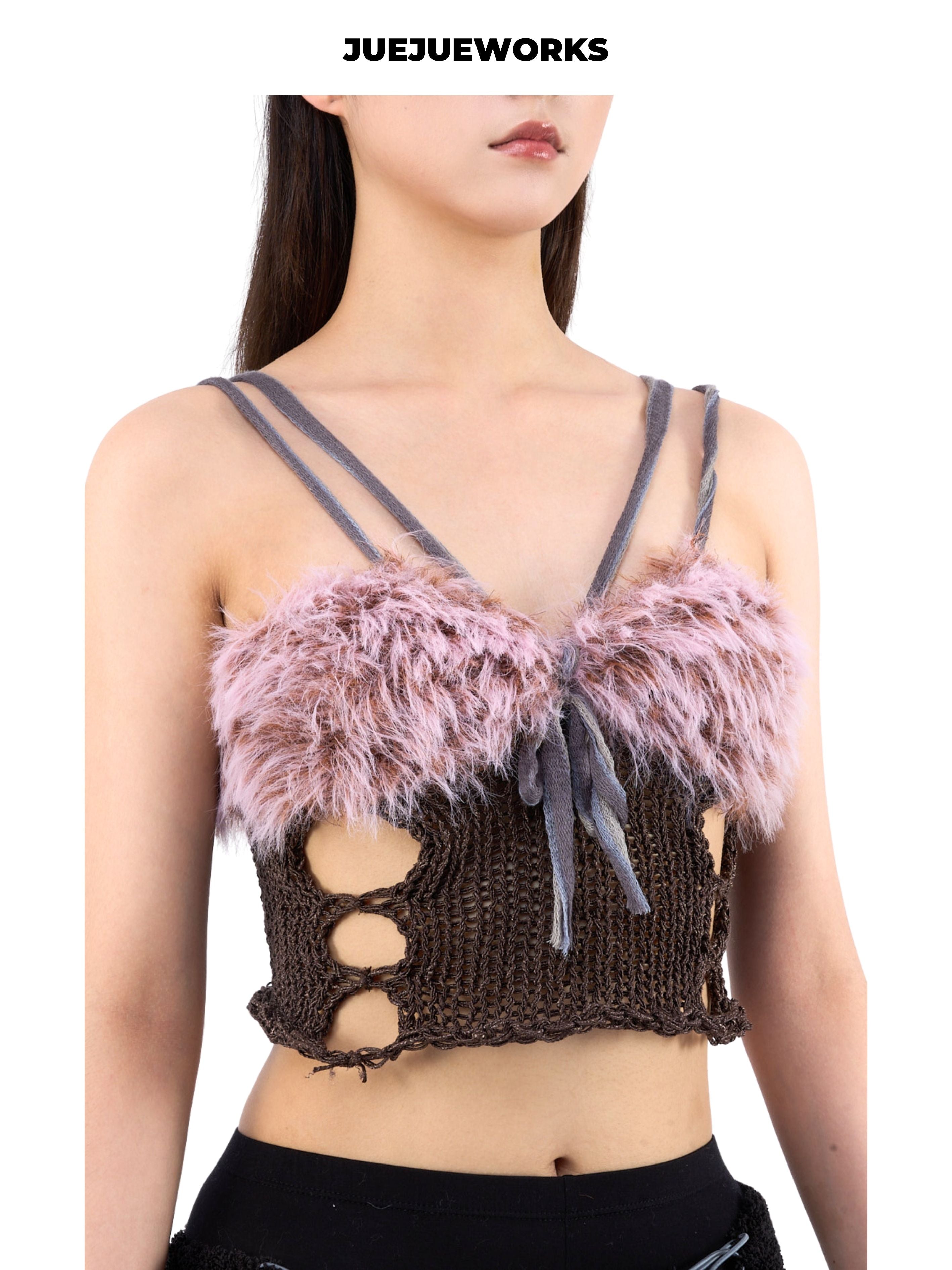 JUEJUEWORKS Mantis Fluffy Cami, Slim Fit Handmade Yarn Knit Top