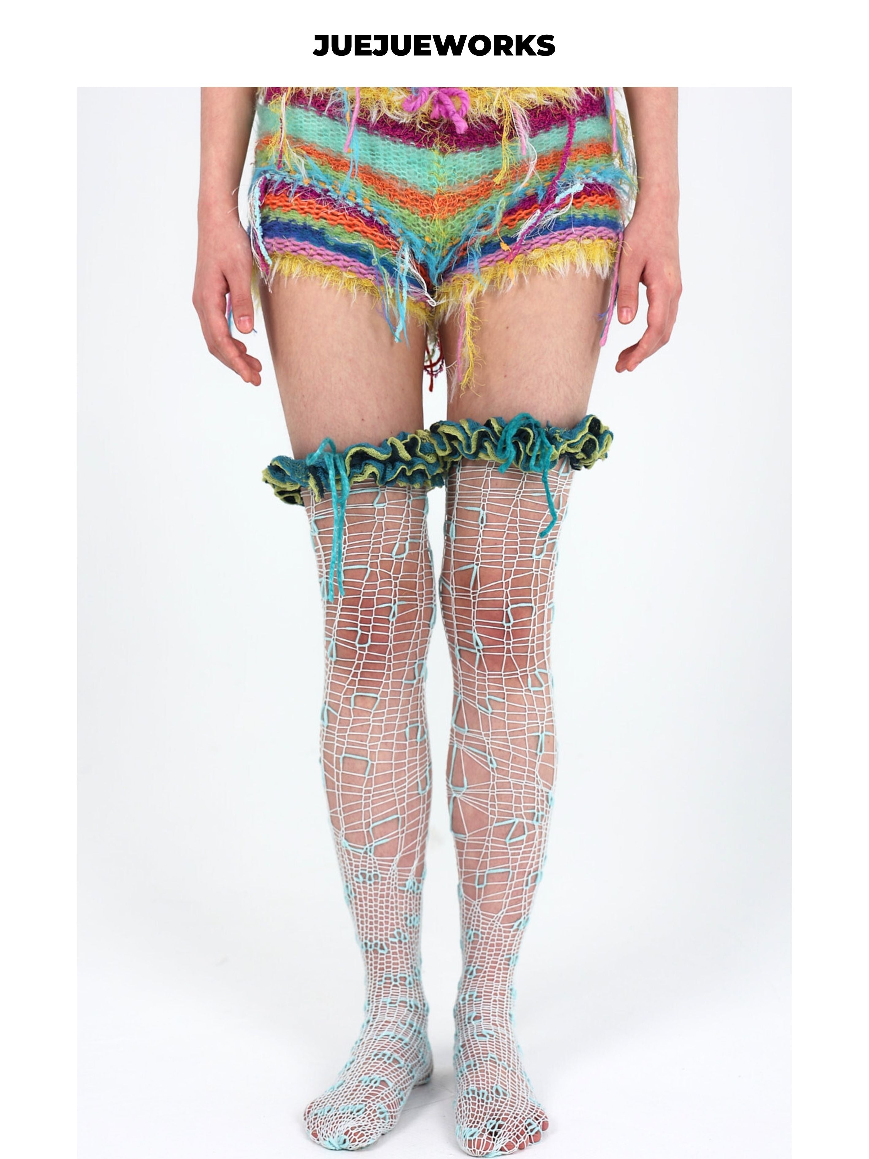JUEJUEWORKS Floral Tie-Top Knee High Socks, High-Stretch Slim Fit Handmade Yarn Knit