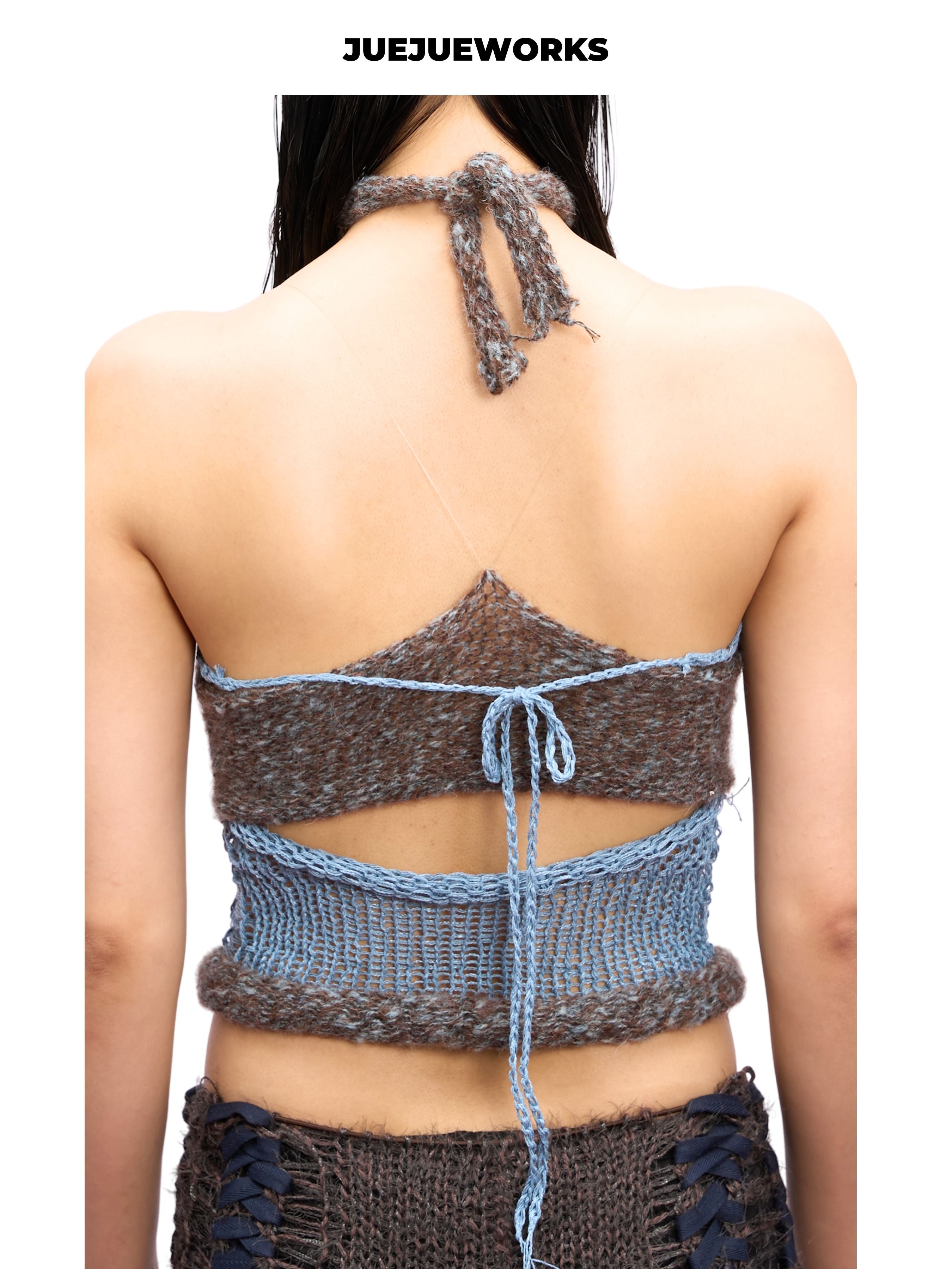 JUEJUEWORKS Grey Butterfly Mesh Knit Halter Top, Hollow Out High Stretch Adjustable Handmade Yarn Knit Summer Crop Top