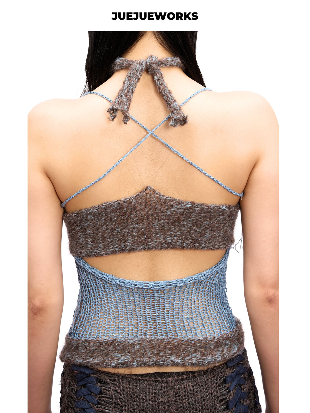 JUEJUEWORKS Grey Butterfly Mesh Knit Halter Top, Hollow Out High Stretch Adjustable Handmade Yarn Knit Summer Crop Top