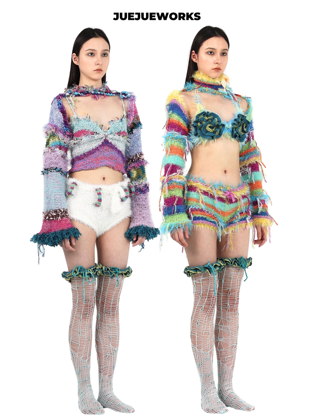 JUEJUEWORKS Floral Tie-Top Knee High Socks, High-Stretch Slim Fit Handmade Yarn Knit