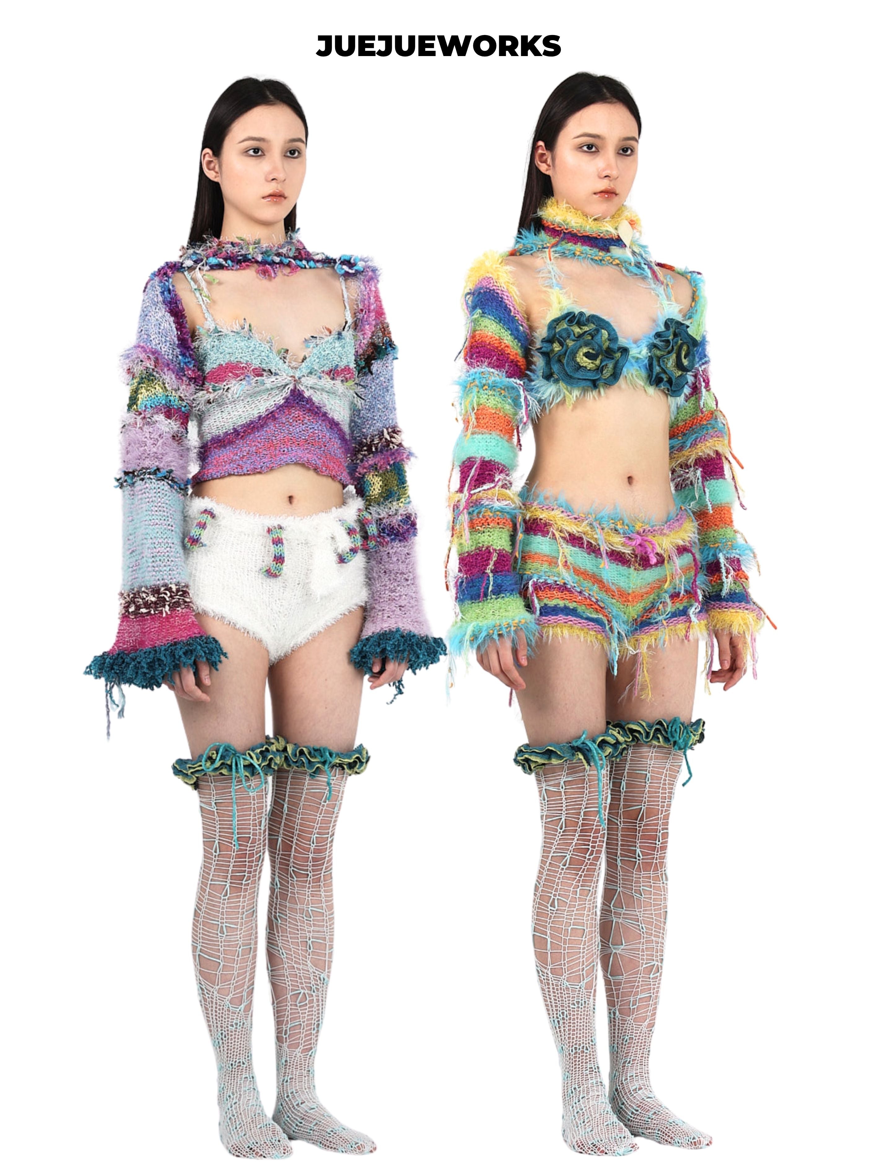 JUEJUEWORKS Floral Tie-Top Knee High Socks, High-Stretch Slim Fit Handmade Yarn Knit