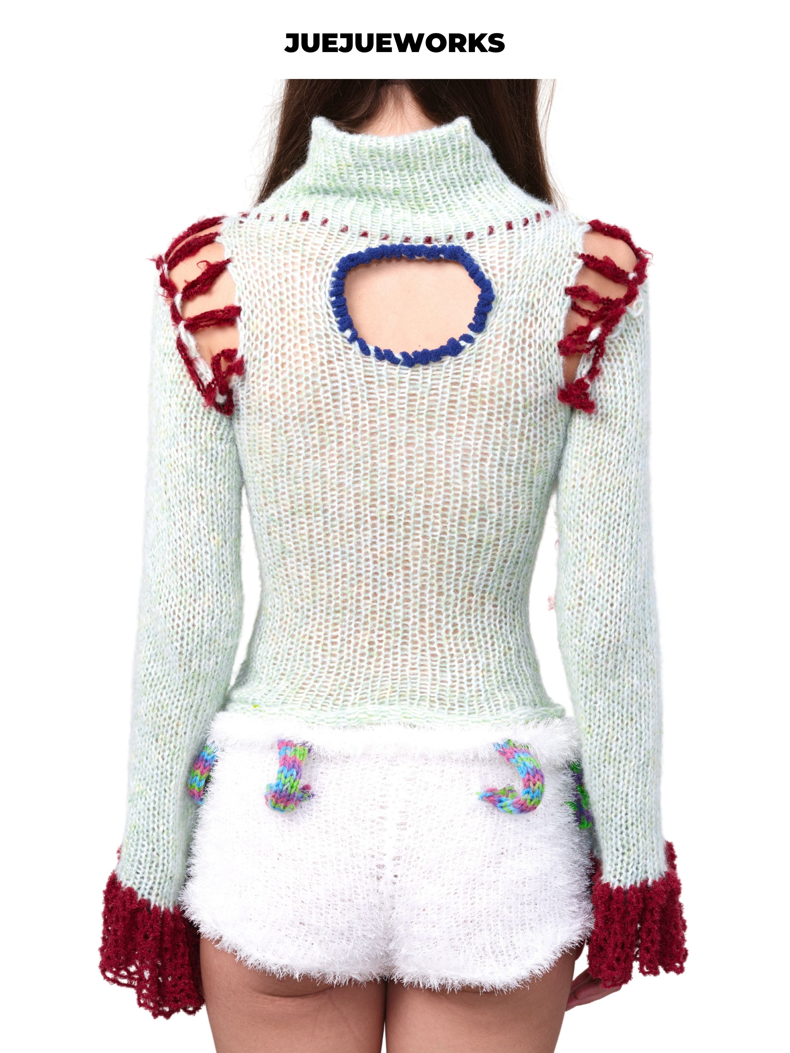 JUEJUEWORKS Mint Green Turtleneck Distressed Cutout Knit Long Sleeve, Slim Waist Handmade Cropped Knit Top