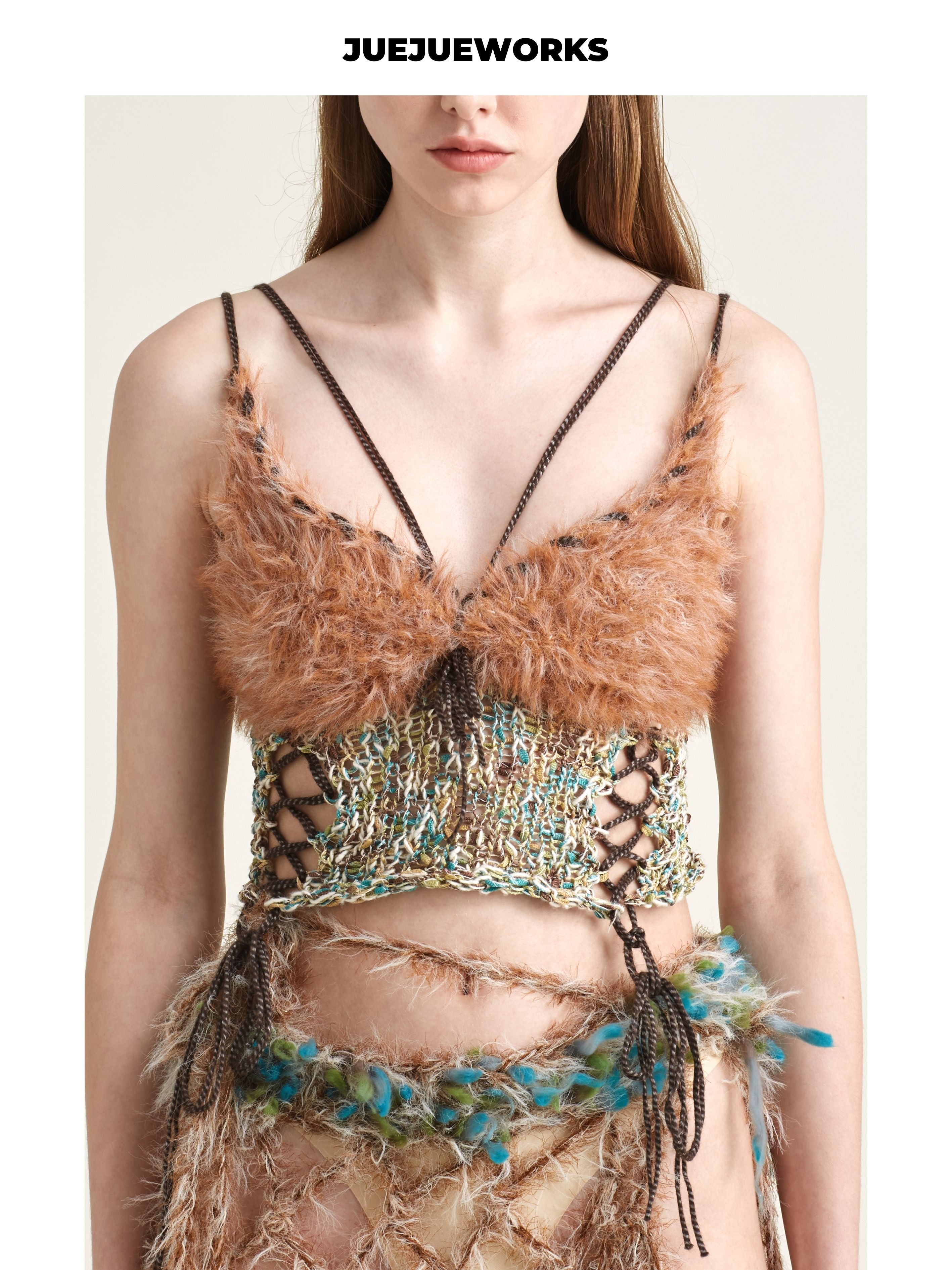 JUEJUEWORKS Camel Fuzzy Hollow Out Knit Cami, Irregular High Stretch Handmade Knit Crop Top