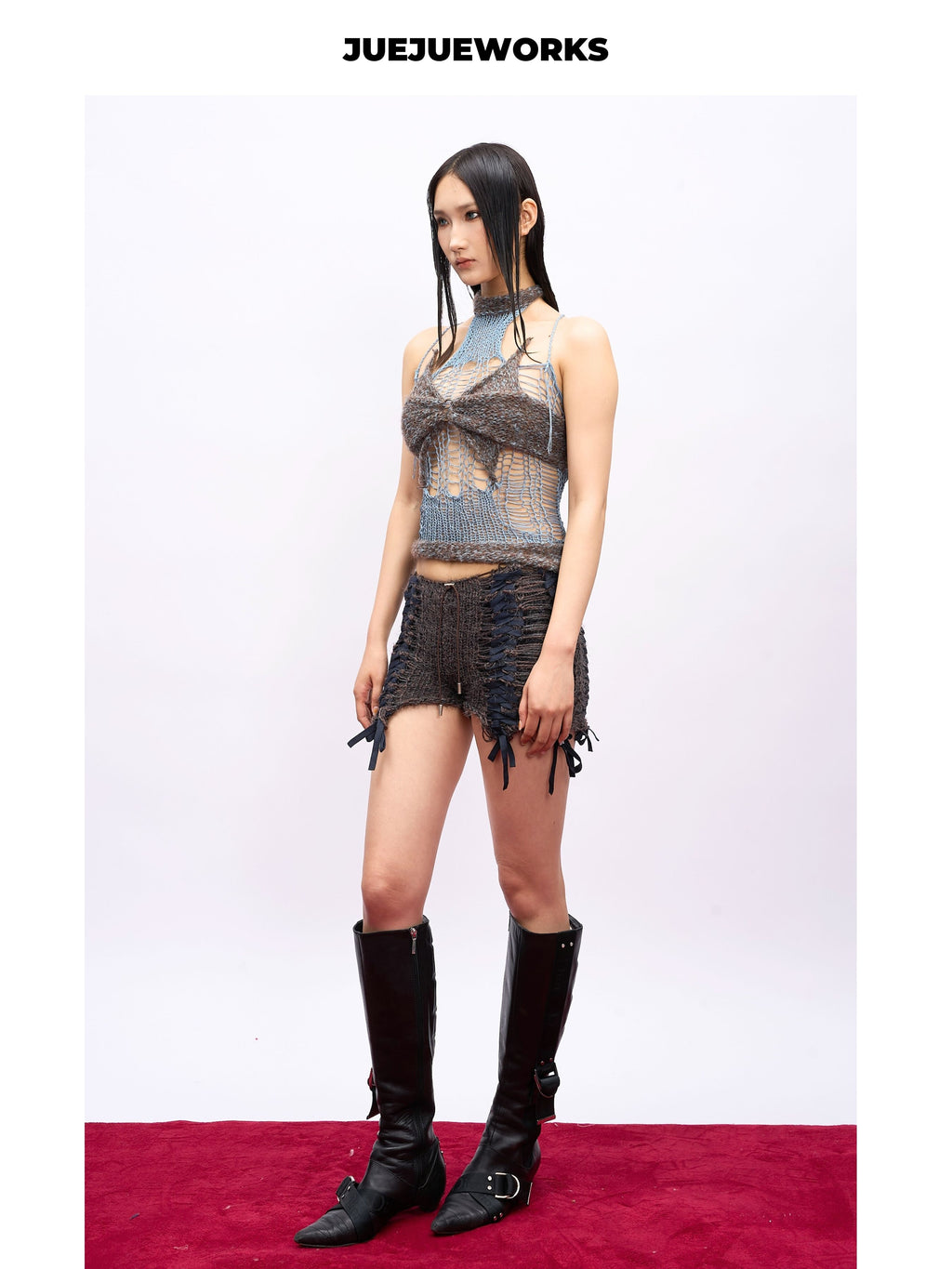 JUEJUEWORKS Grey Butterfly Mesh Knit Halter Top, Hollow Out High Stretch Adjustable Handmade Yarn Knit Summer Crop Top