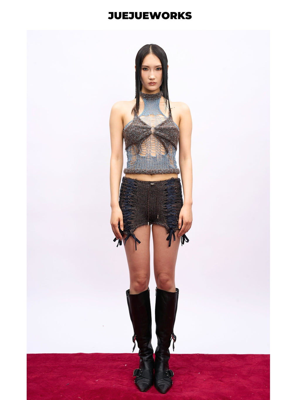 JUEJUEWORKS Grey Butterfly Mesh Knit Halter Top, Hollow Out High Stretch Adjustable Handmade Yarn Knit Summer Crop Top