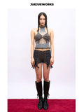 JUEJUEWORKS Grey Butterfly Mesh Knit Halter Top, Hollow Out High Stretch Adjustable Handmade Yarn Knit Summer Crop Top