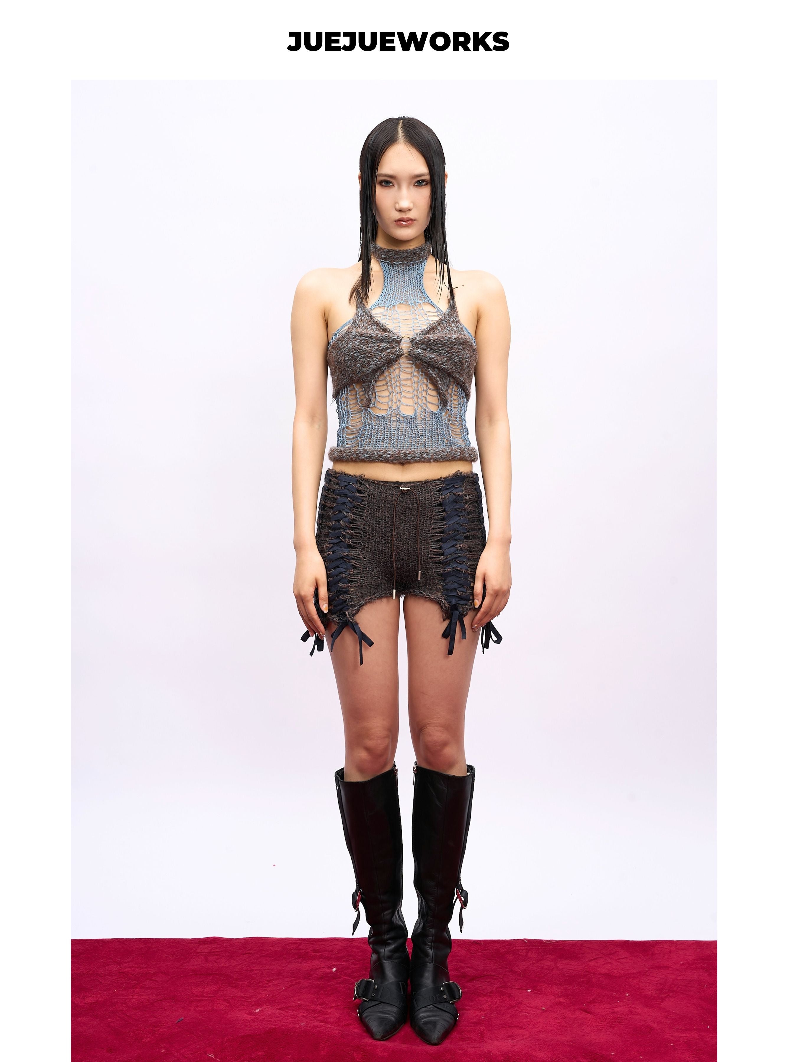 JUEJUEWORKS Grey Butterfly Mesh Knit Halter Top, Hollow Out High Stretch Adjustable Handmade Yarn Knit Summer Crop Top