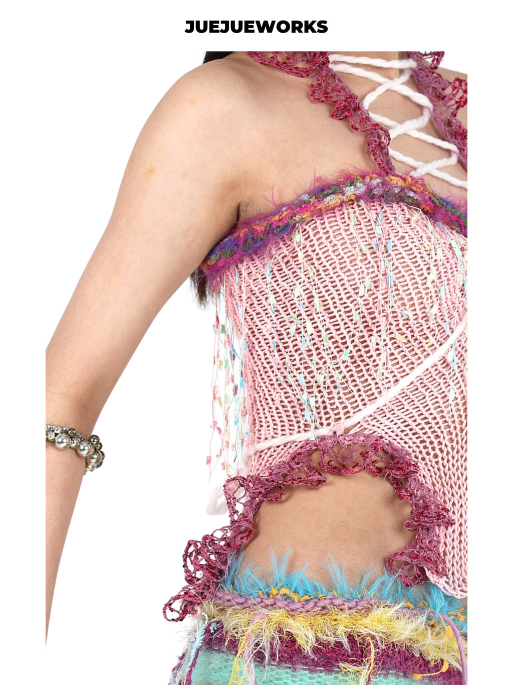 JUEJUEWORKS Pink Fringe Lace Trim Corset Knit Cami, Pastel Hollow Out High Stretch Handmade Yarn Knit Lace Trim Crop Top