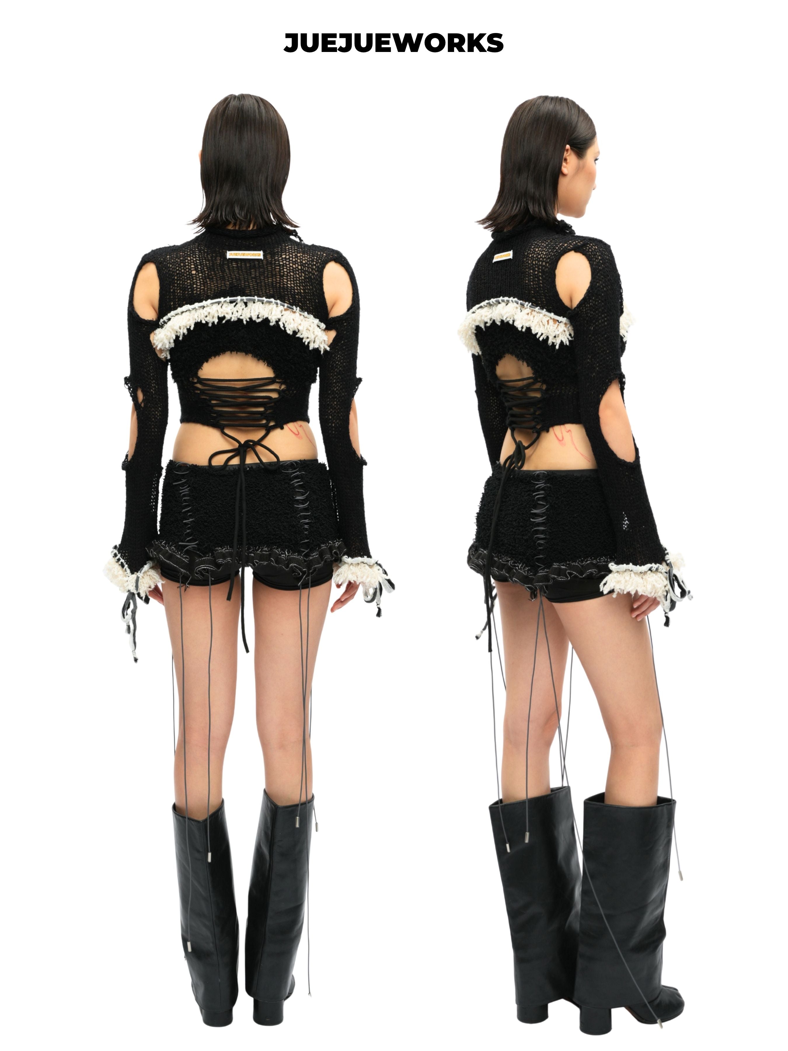 JUEJUEWORKS Black Asymmetric Long Sleeve Top, Original High-Stretch Handmade Yarn Knit Jacket