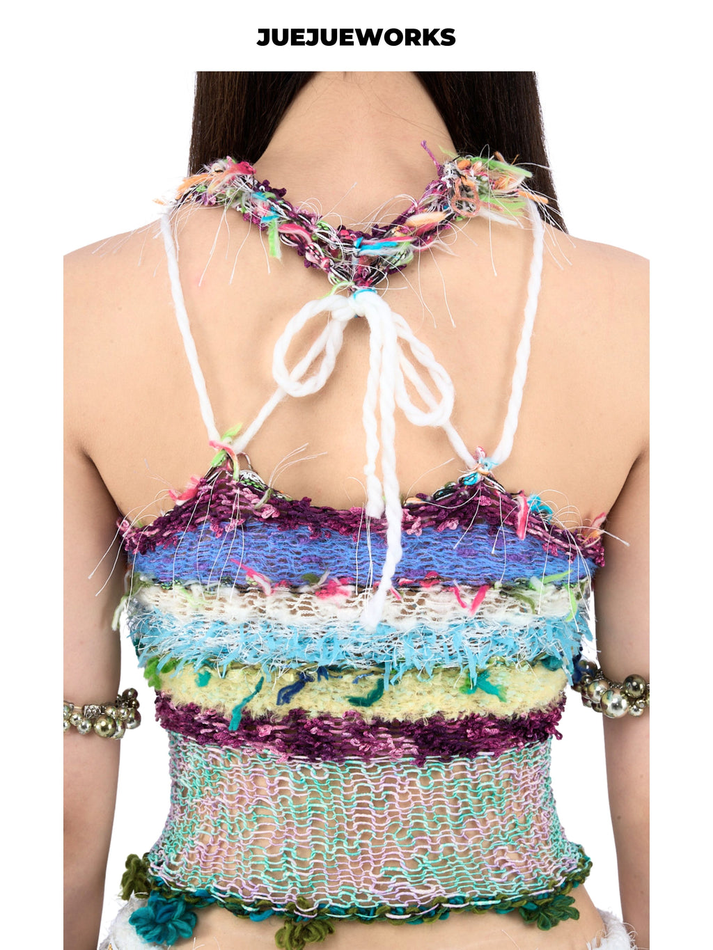 JUEJUEWORKS Multicolor Blue Green Halter Cami, High Stretch Breathable Slim Fit Handmade Yarn Knit