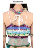 JUEJUEWORKS Multicolor Blue Green Halter Cami, High Stretch Breathable Slim Fit Handmade Yarn Knit
