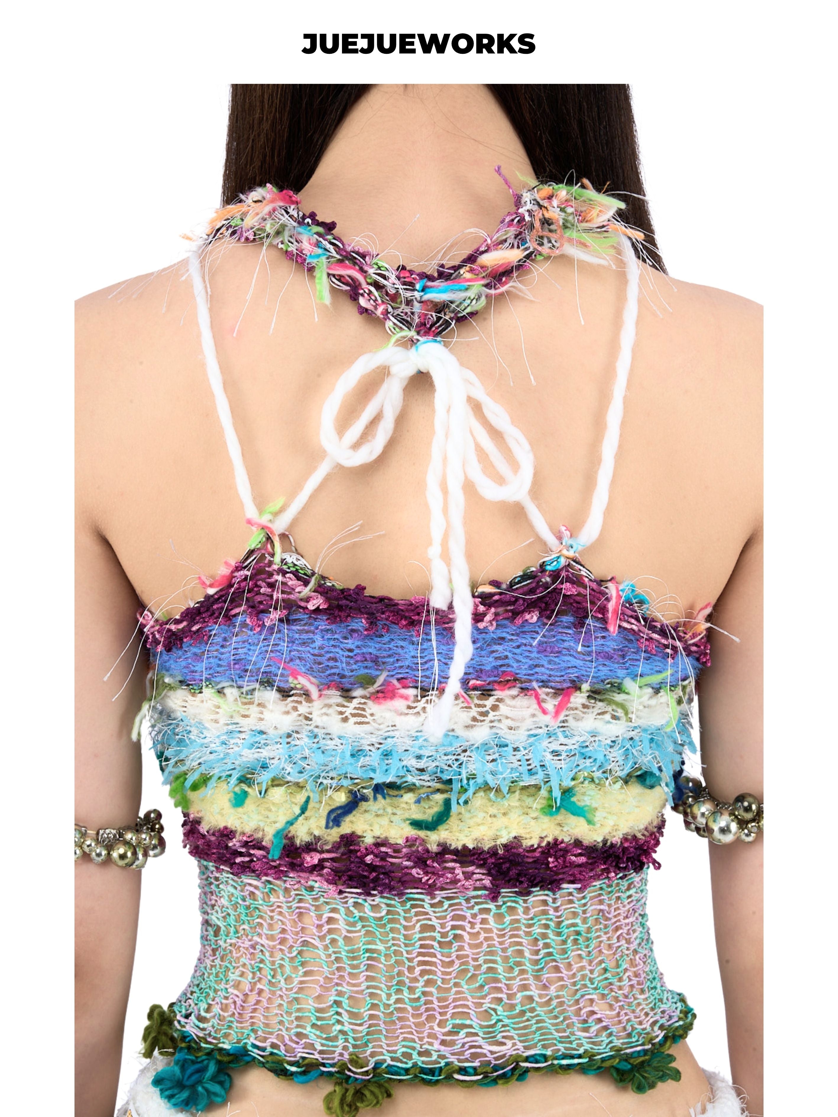 JUEJUEWORKS Multicolor Blue Green Halter Cami, High Stretch Breathable Slim Fit Handmade Yarn Knit