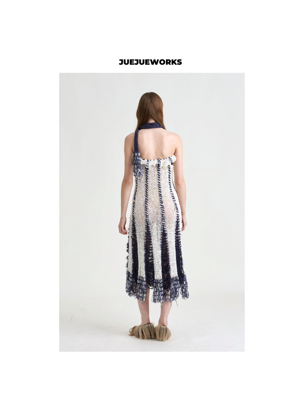 JUEJUEWORKS Convertible Knit White Midi Dress with Detachable Scarf, Patchwork Hollow Out Handmade Knit Multi-Wear Skirt