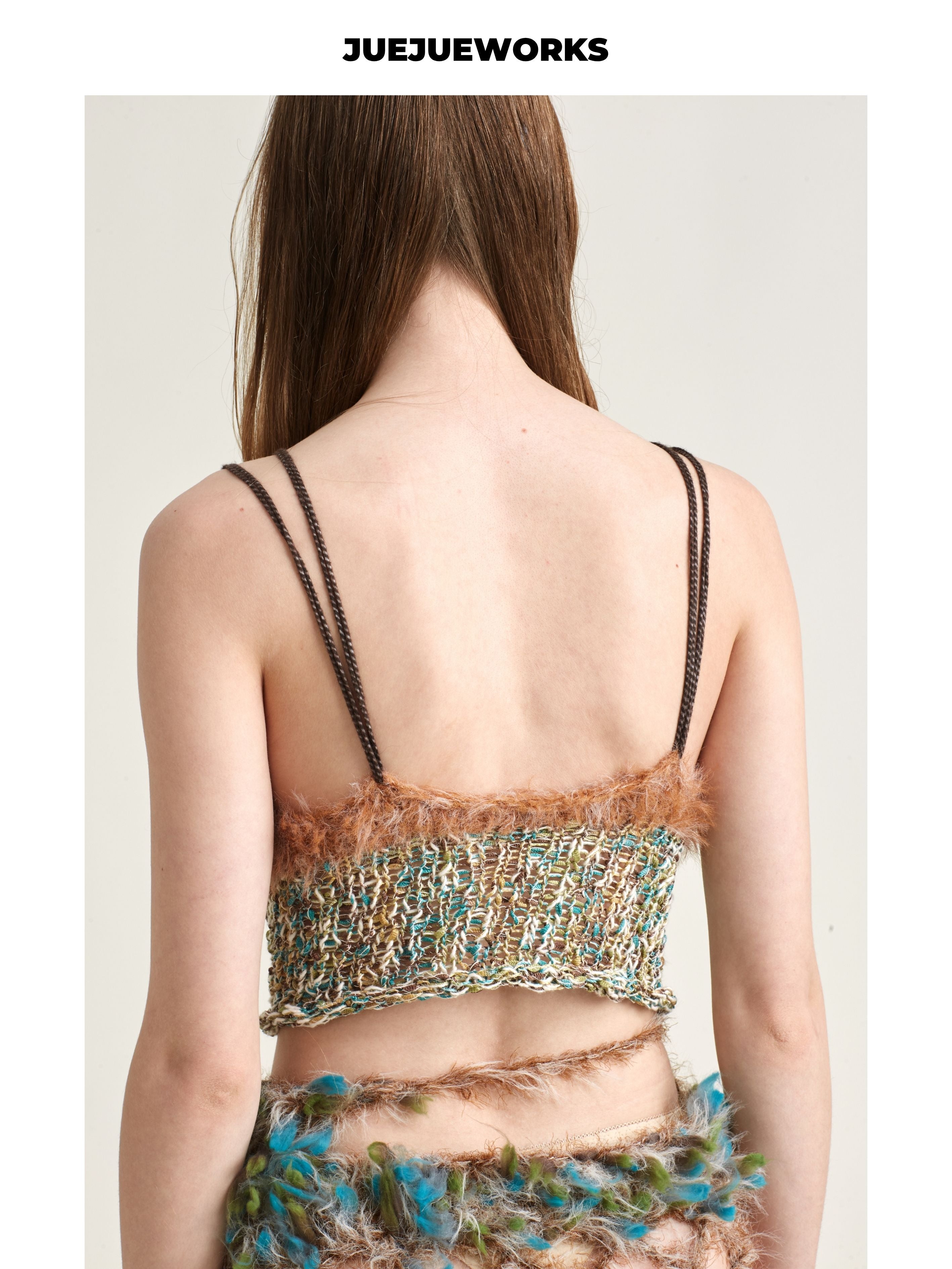 JUEJUEWORKS Camel Fuzzy Hollow Out Knit Cami, Irregular High Stretch Handmade Knit Crop Top