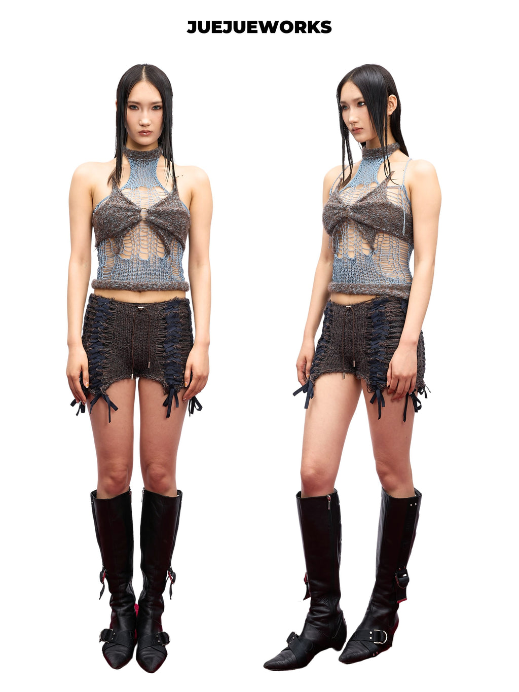 JUEJUEWORKS Grey Butterfly Mesh Knit Halter Top, Hollow Out High Stretch Adjustable Handmade Yarn Knit Summer Crop Top