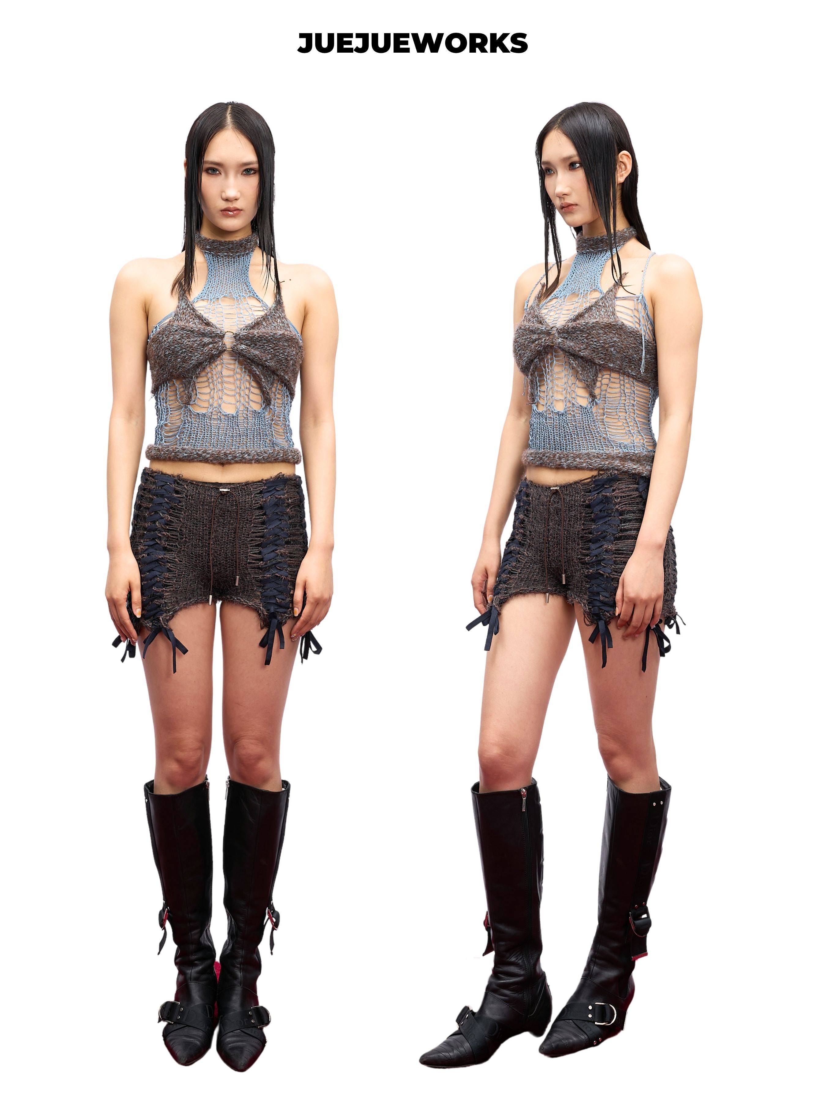 JUEJUEWORKS Grey Butterfly Mesh Knit Halter Top, Hollow Out High Stretch Adjustable Handmade Yarn Knit Summer Crop Top