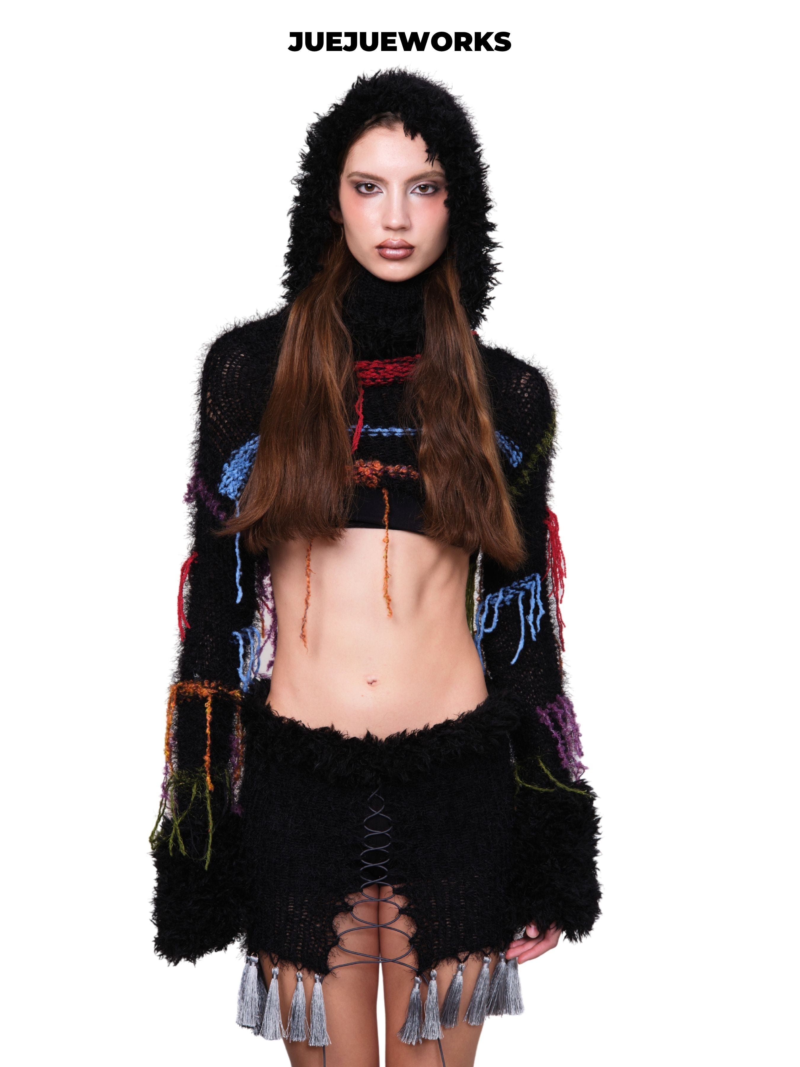 JUEJUEWORKS Fuzzy Hooded Cropped Knit Long Sleeve, Colorful Stitch Tassel Warm Handmade Knit Top