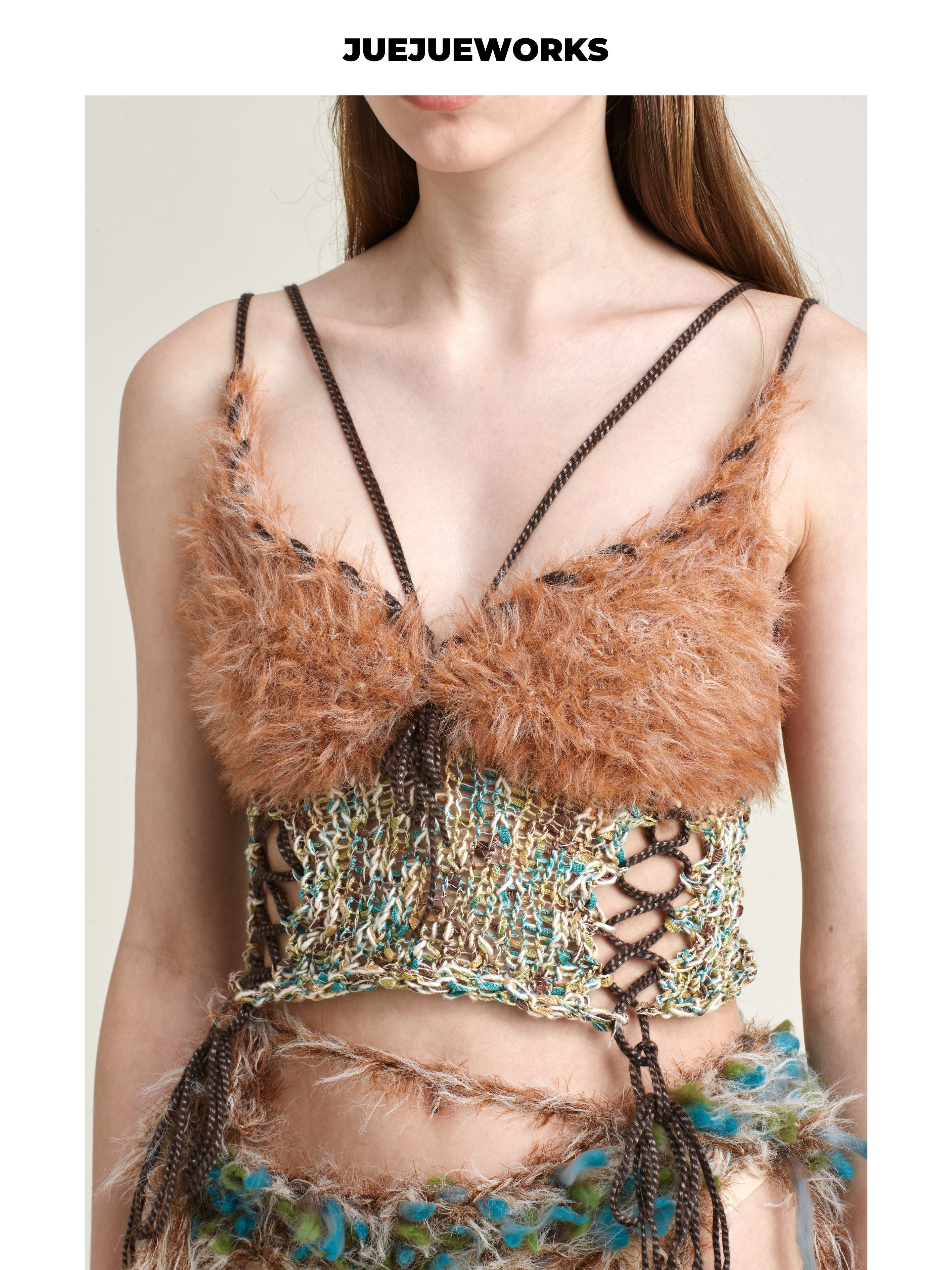 JUEJUEWORKS Camel Fuzzy Hollow Out Knit Cami, Irregular High Stretch Handmade Knit Crop Top