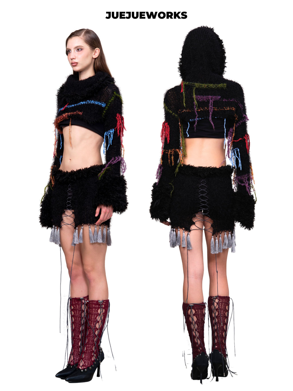JUEJUEWORKS Fuzzy Hooded Cropped Knit Long Sleeve, Colorful Stitch Tassel Warm Handmade Knit Top