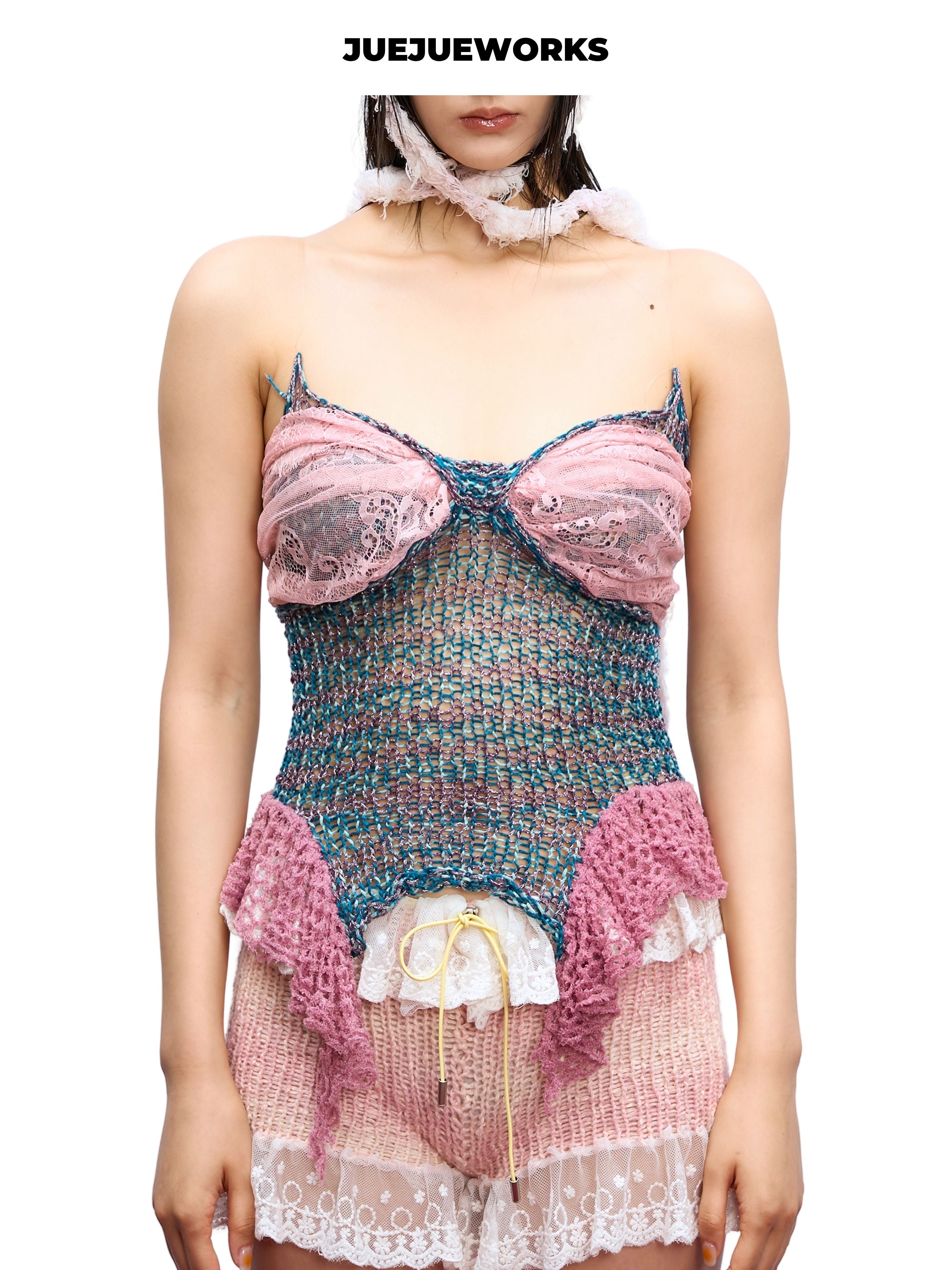 JUEJUEWORKS Mermaid Lace Knit Cami, Ruffle Hem High Stretch Adjustable Handmade Yarn Knit Summer Top