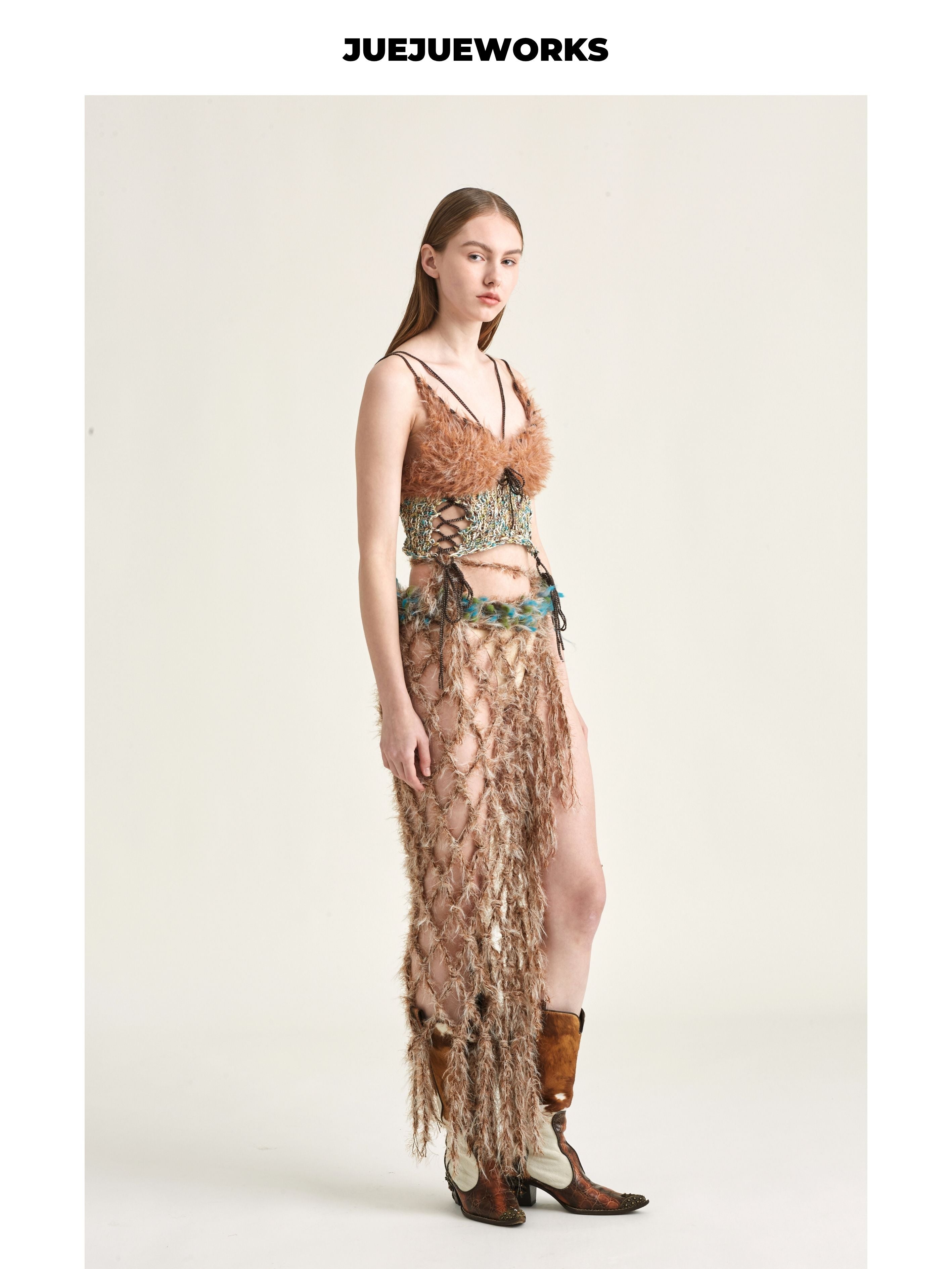 JUEJUEWORKS Camel Fuzzy Hollow Out Knit Cami, Irregular High Stretch Handmade Knit Crop Top