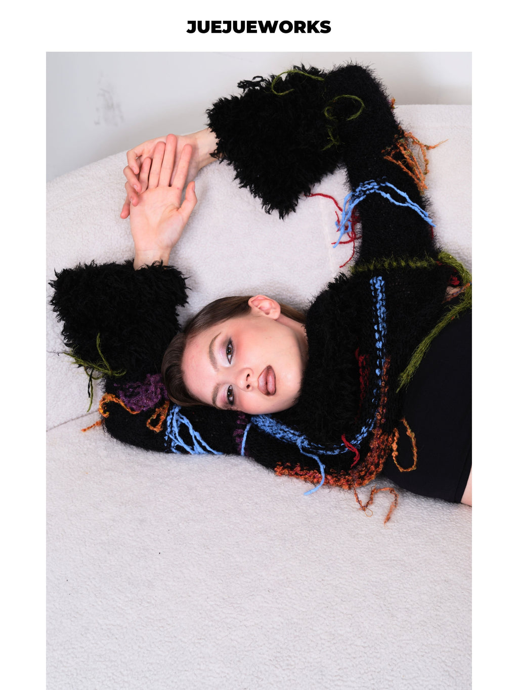 JUEJUEWORKS Fuzzy Hooded Cropped Knit Long Sleeve, Colorful Stitch Tassel Warm Handmade Knit Top