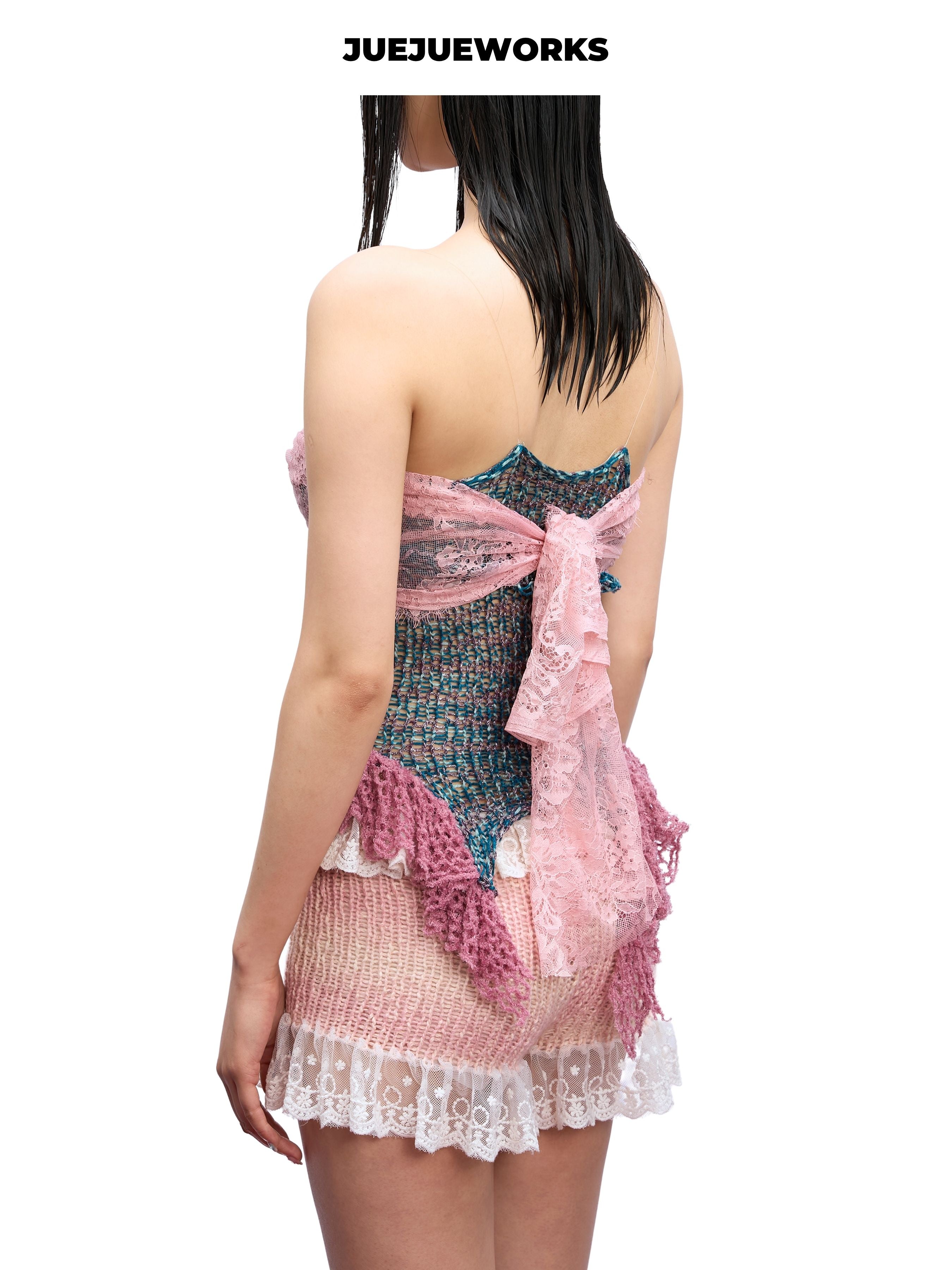 JUEJUEWORKS Mermaid Lace Knit Cami, Ruffle Hem High Stretch Adjustable Handmade Yarn Knit Summer Top