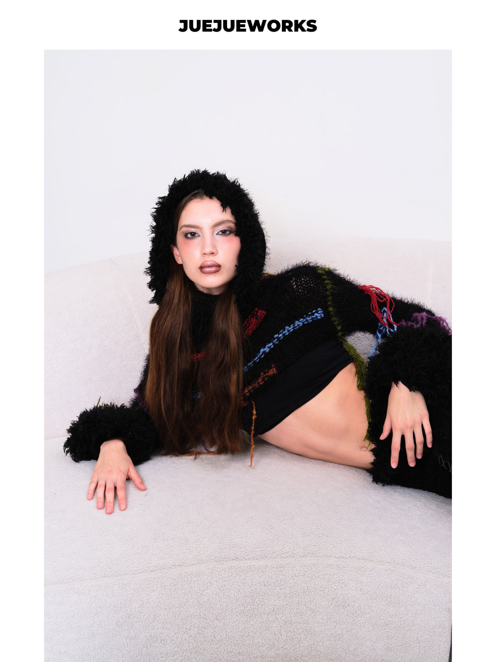 JUEJUEWORKS Fuzzy Hooded Cropped Knit Long Sleeve, Colorful Stitch Tassel Warm Handmade Knit Top