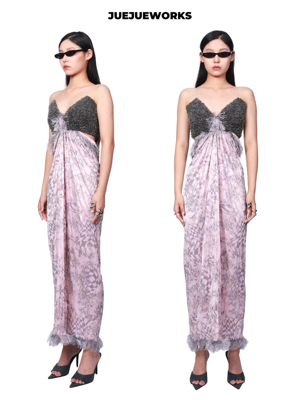 JUEJUEWORKS Pink Grey Spaghetti Strap Maxi Dress, Back Slit, Original Design, Slim Fit Figure-Hugging Dress