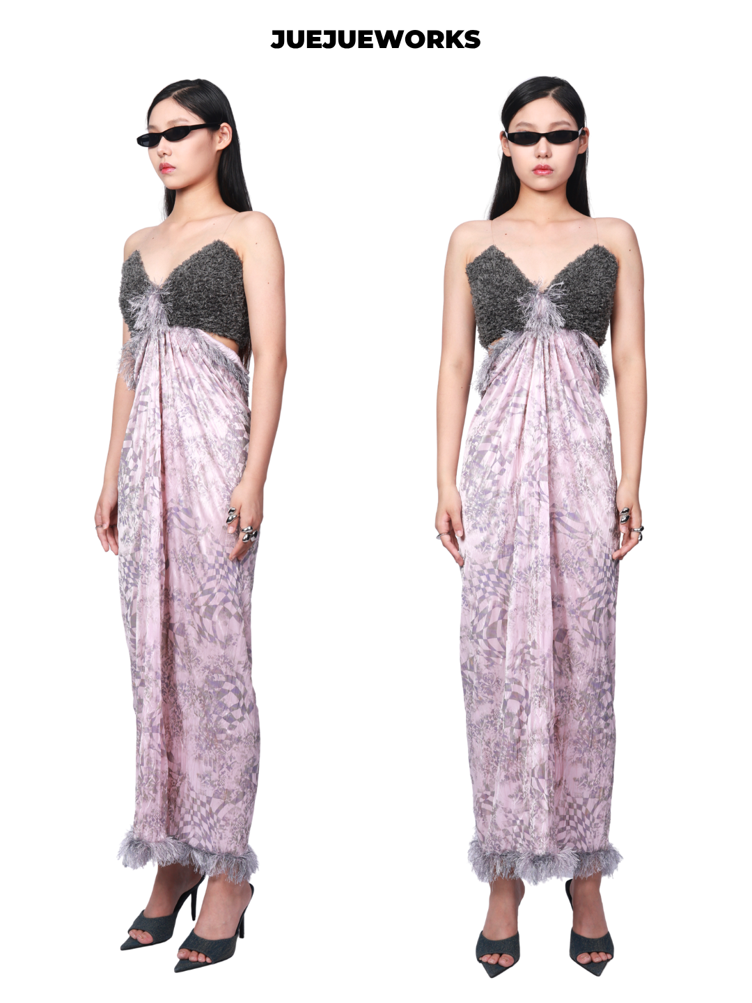 JUEJUEWORKS Pink Grey Spaghetti Strap Maxi Dress, Back Slit, Original Design, Slim Fit Figure-Hugging Dress