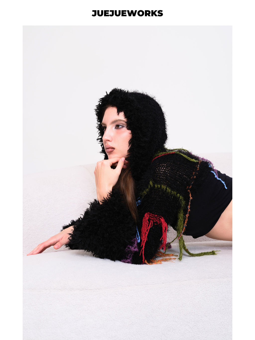 JUEJUEWORKS Fuzzy Hooded Cropped Knit Long Sleeve, Colorful Stitch Tassel Warm Handmade Knit Top