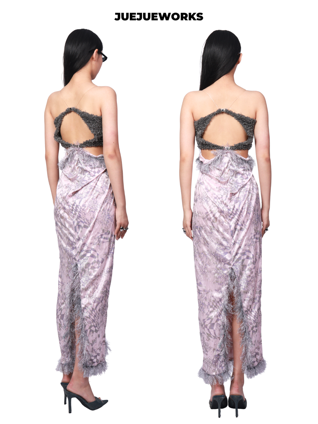 JUEJUEWORKS Pink Grey Spaghetti Strap Maxi Dress, Back Slit, Original Design, Slim Fit Figure-Hugging Dress