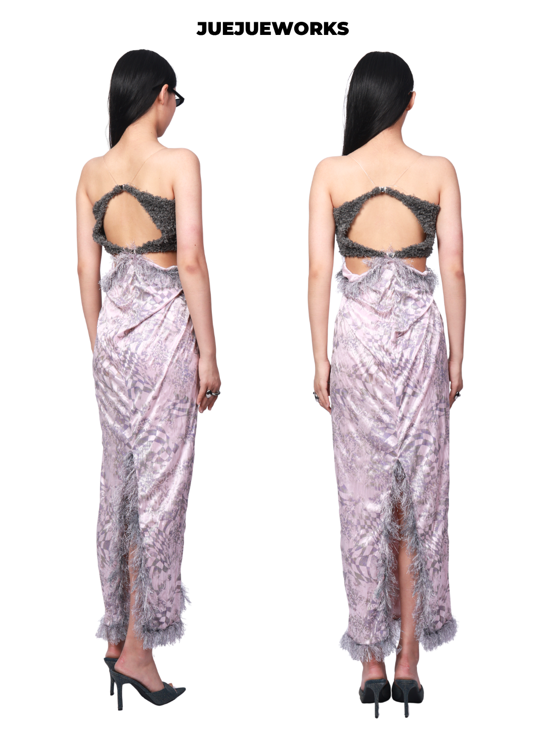 JUEJUEWORKS Pink Grey Spaghetti Strap Maxi Dress, Back Slit, Original Design, Slim Fit Figure-Hugging Dress