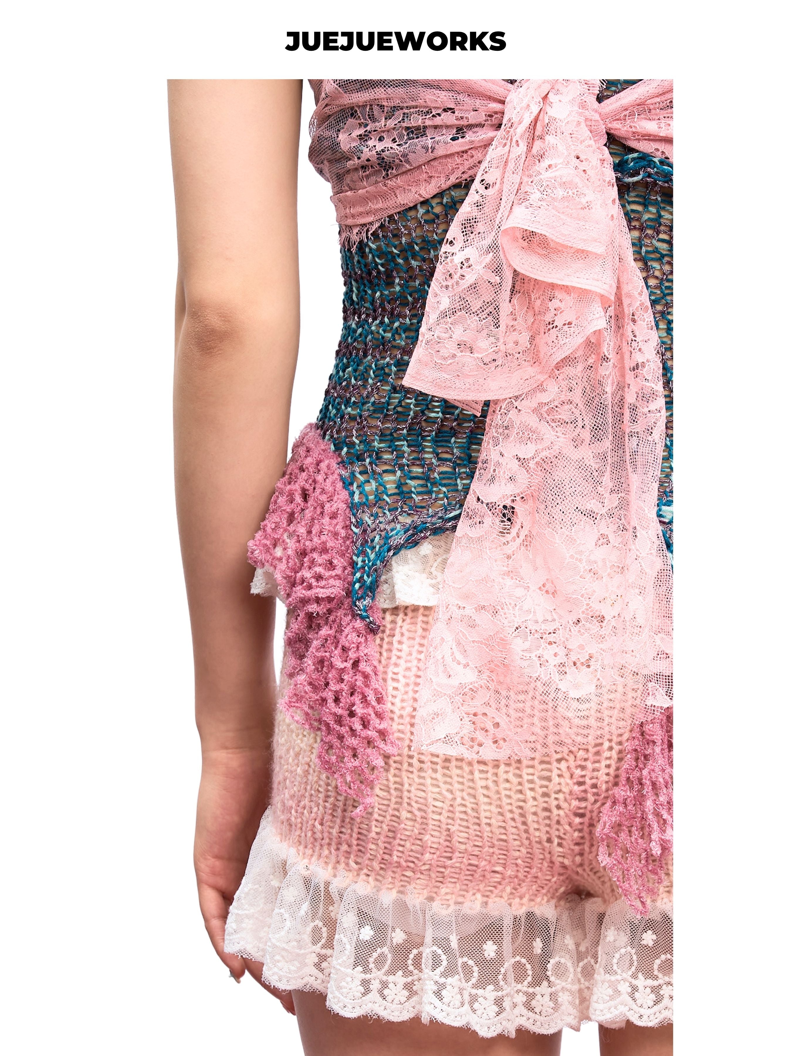 JUEJUEWORKS Mermaid Lace Knit Cami, Ruffle Hem High Stretch Adjustable Handmade Yarn Knit Summer Top