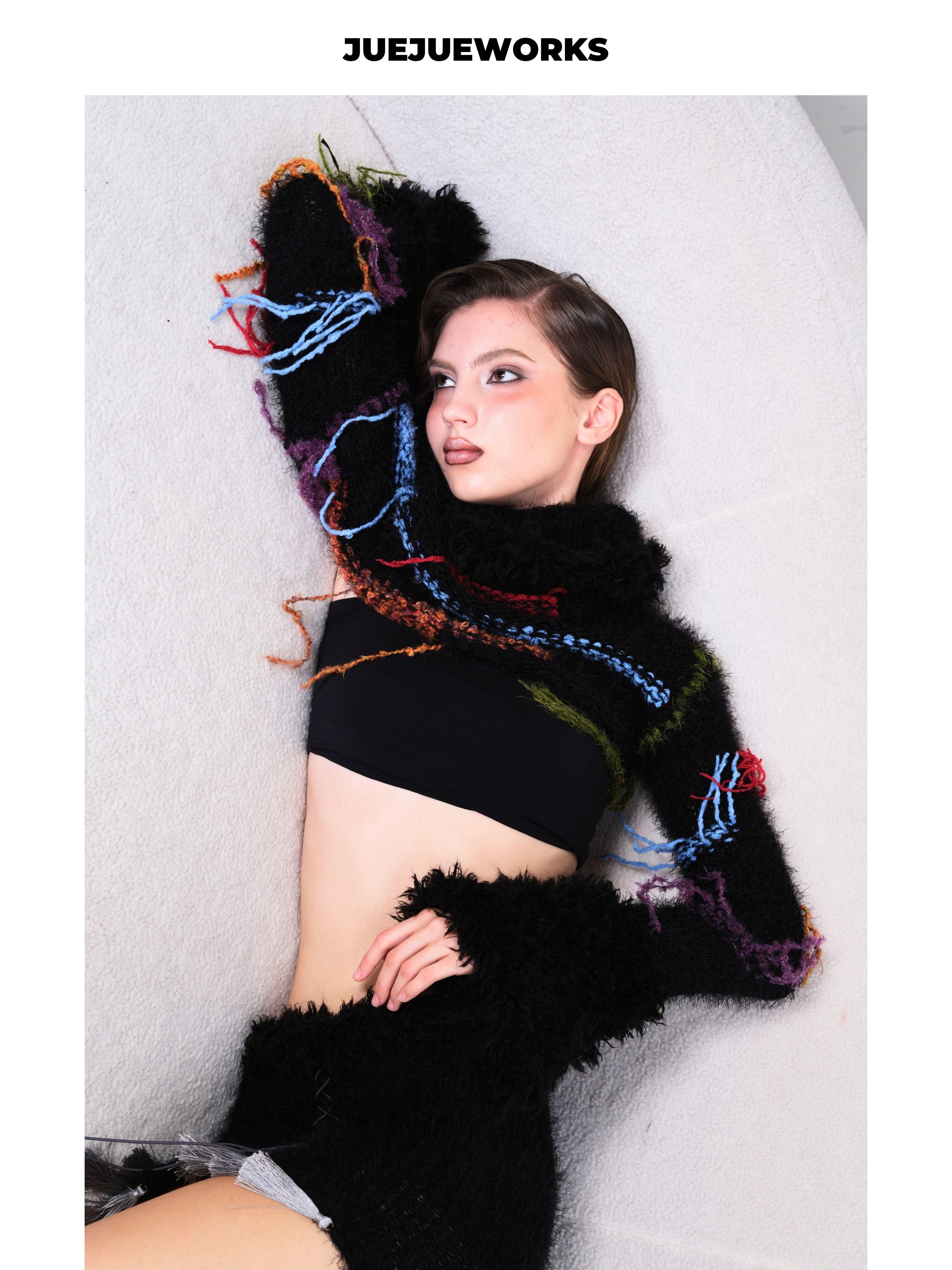 JUEJUEWORKS Fuzzy Hooded Cropped Knit Long Sleeve, Colorful Stitch Tassel Warm Handmade Knit Top