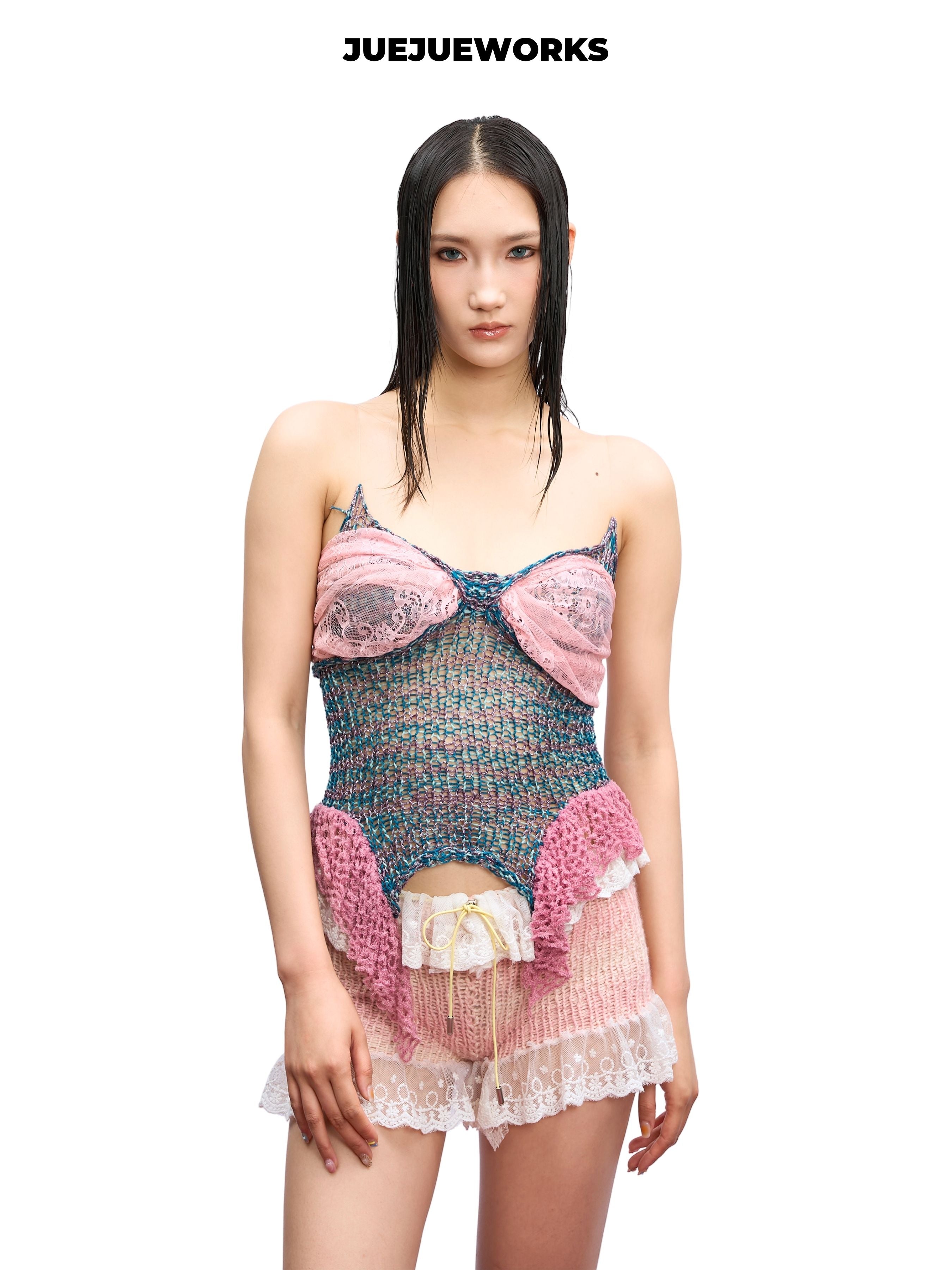 JUEJUEWORKS Mermaid Lace Knit Cami, Ruffle Hem High Stretch Adjustable Handmade Yarn Knit Summer Top